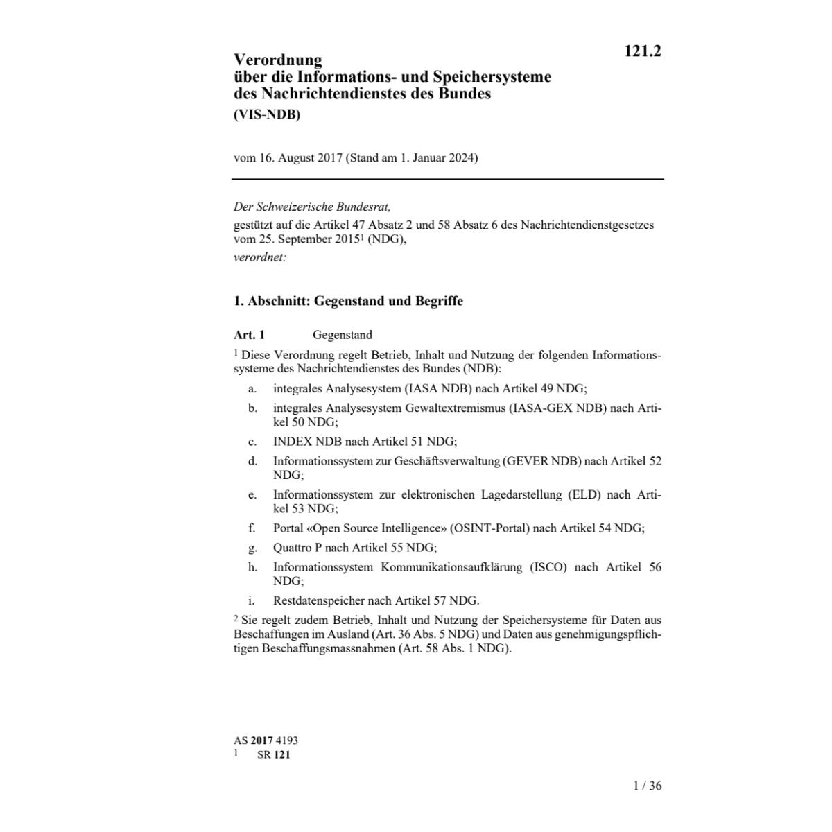 V Nachrichtendienstes Bundes ISV-NDB