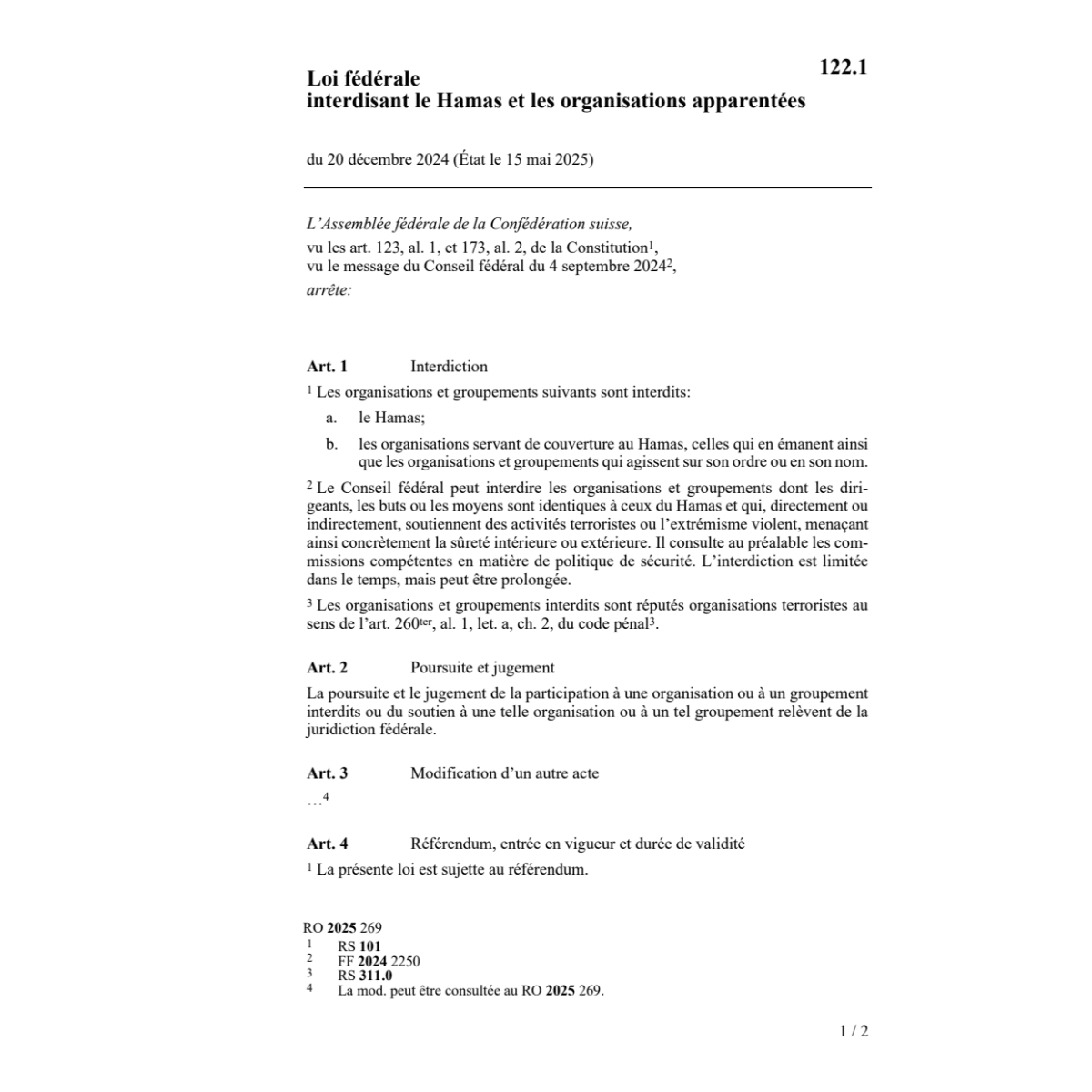 Loi fédérale interdisant le Hamas