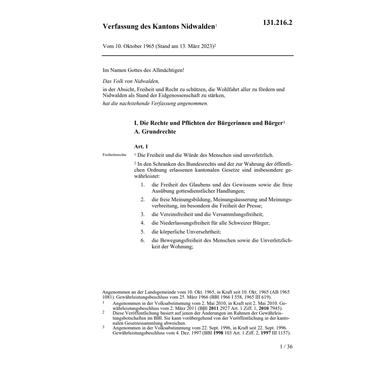 Verfassung des Kantons NW, KV/NW