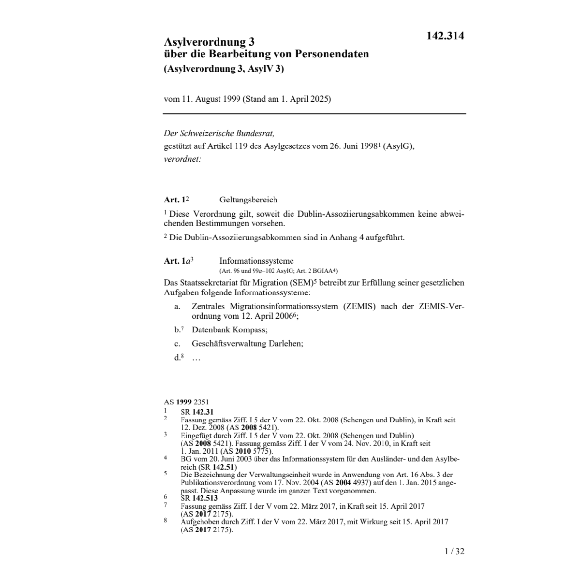 Asylverordnung 3 Personendaten AsylV 3