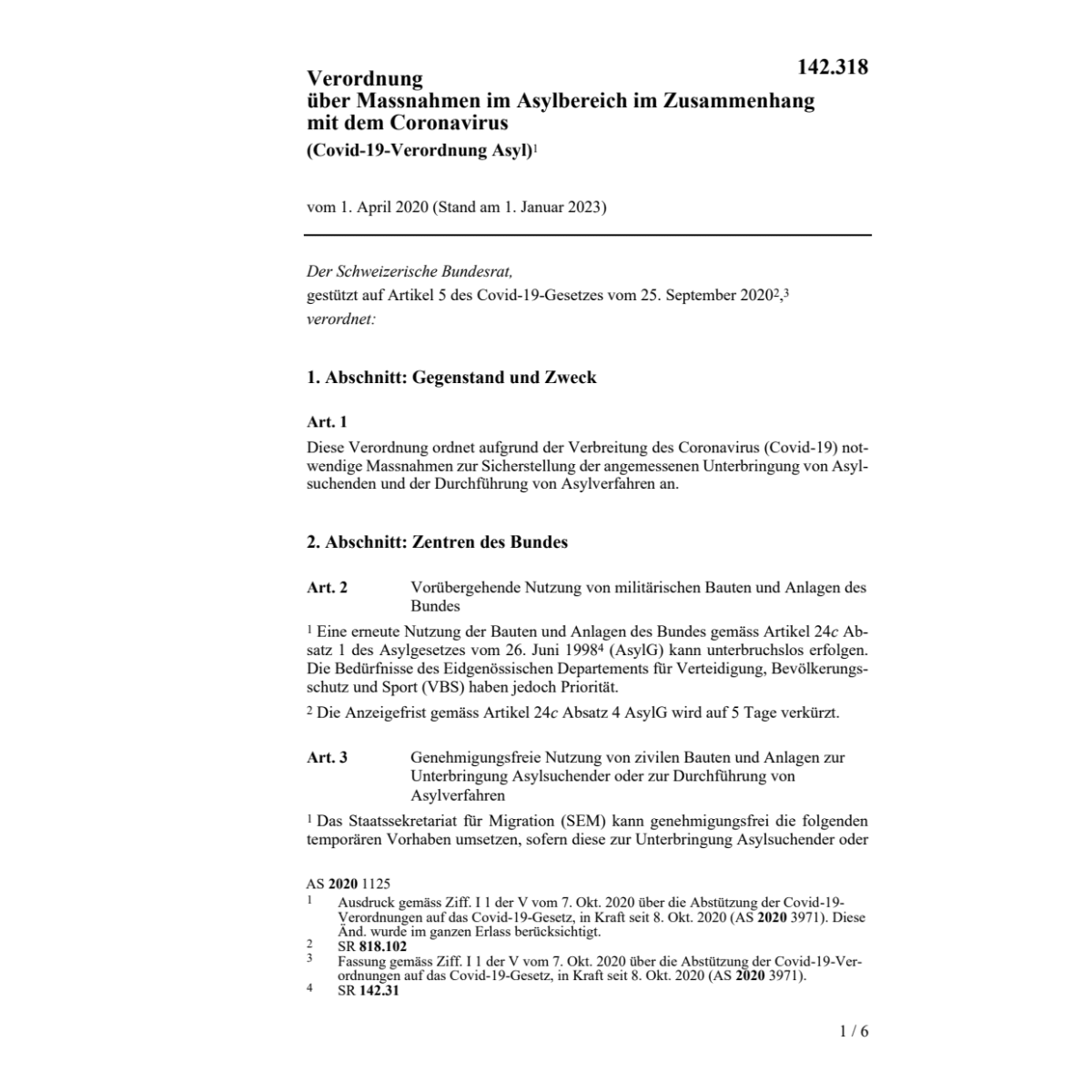 COVID-19-Verordnung Asyl 1.4.2020