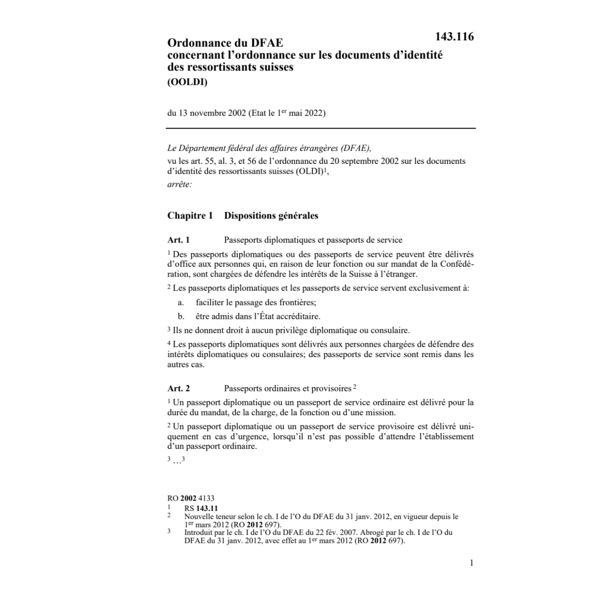 O DFAE documents d'identité OOLDI