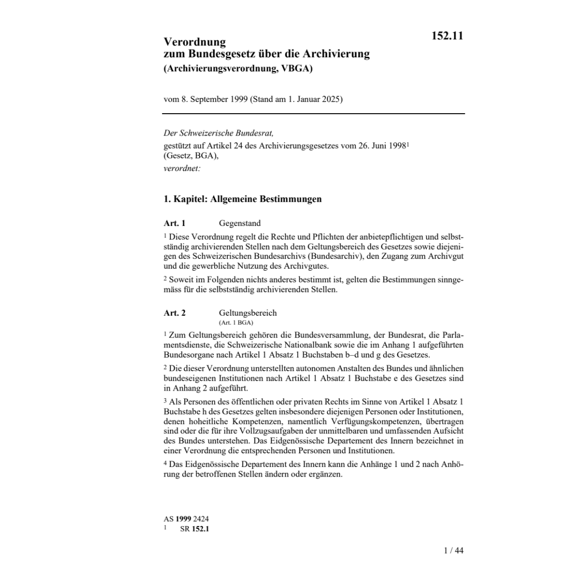 V zum BG über die Archivierung VBGA