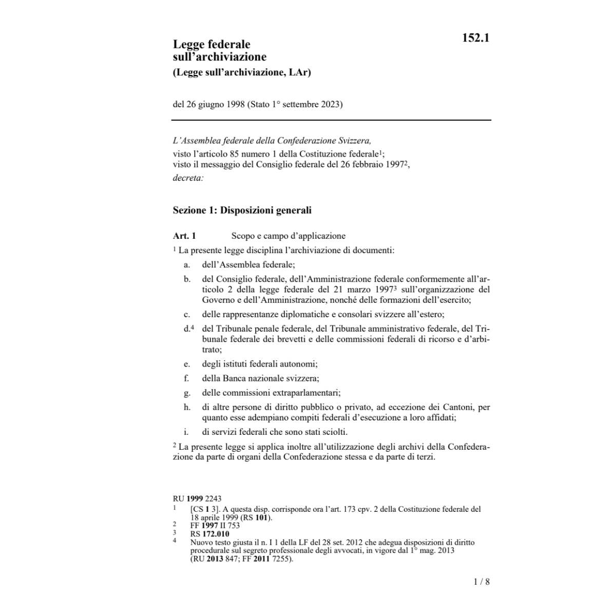 Legge federale sull'archiviazione (LAr)