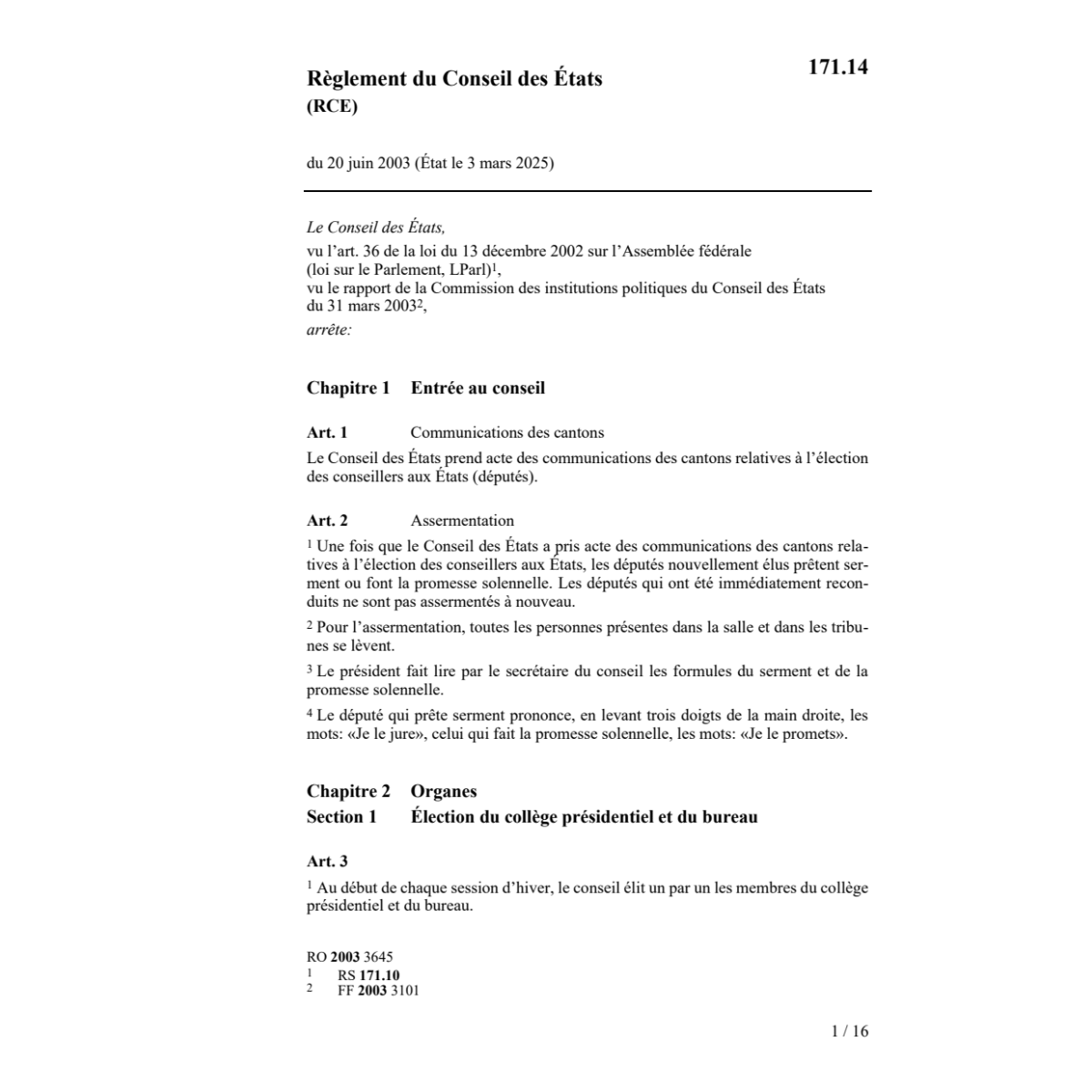 Règlement du Conseil des Etats, RCE