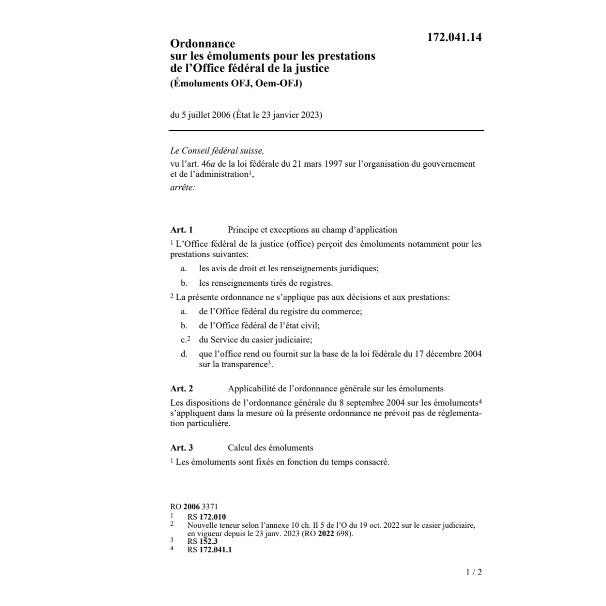 O émoluments pour les prestations