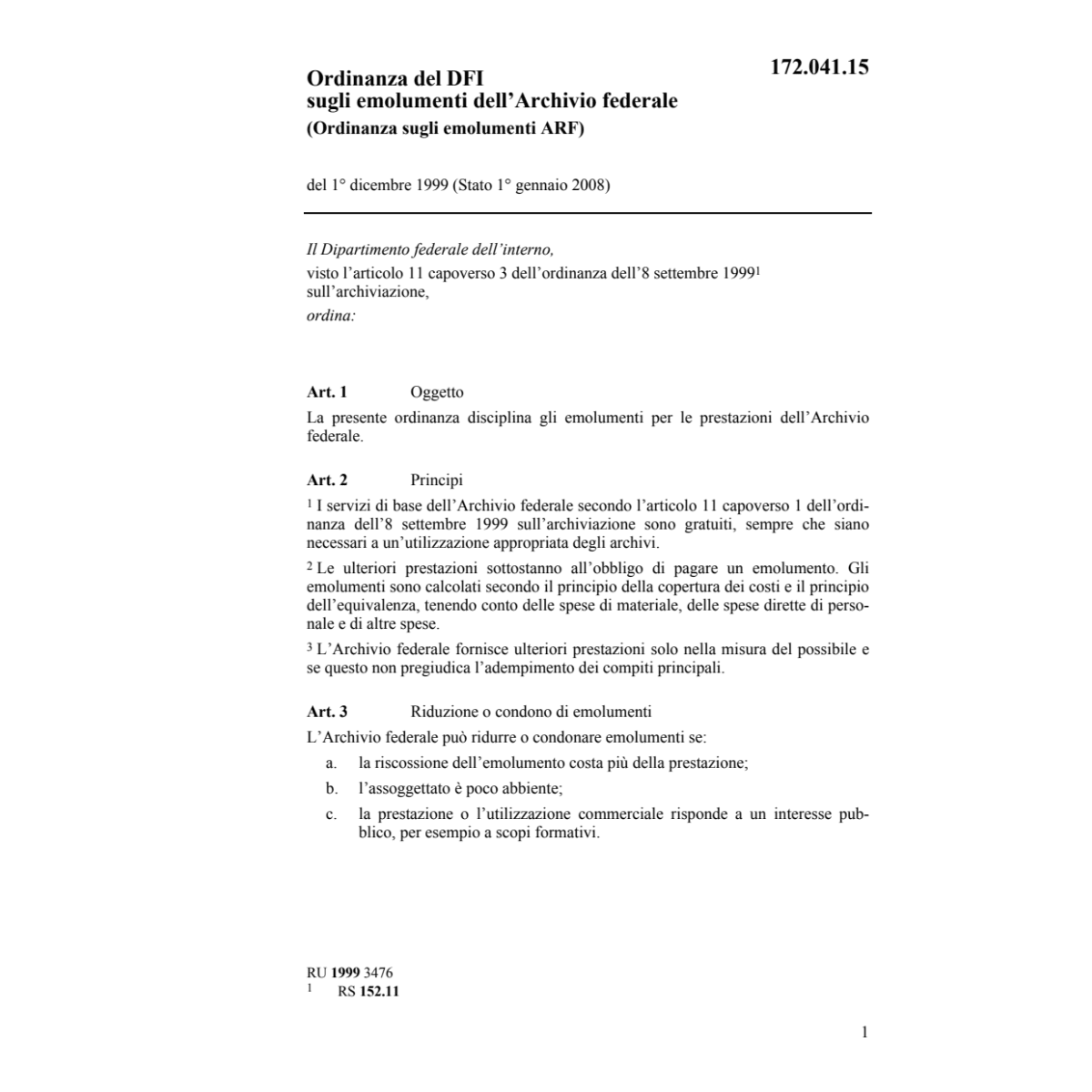 O emolumenti ARF Archivio federale