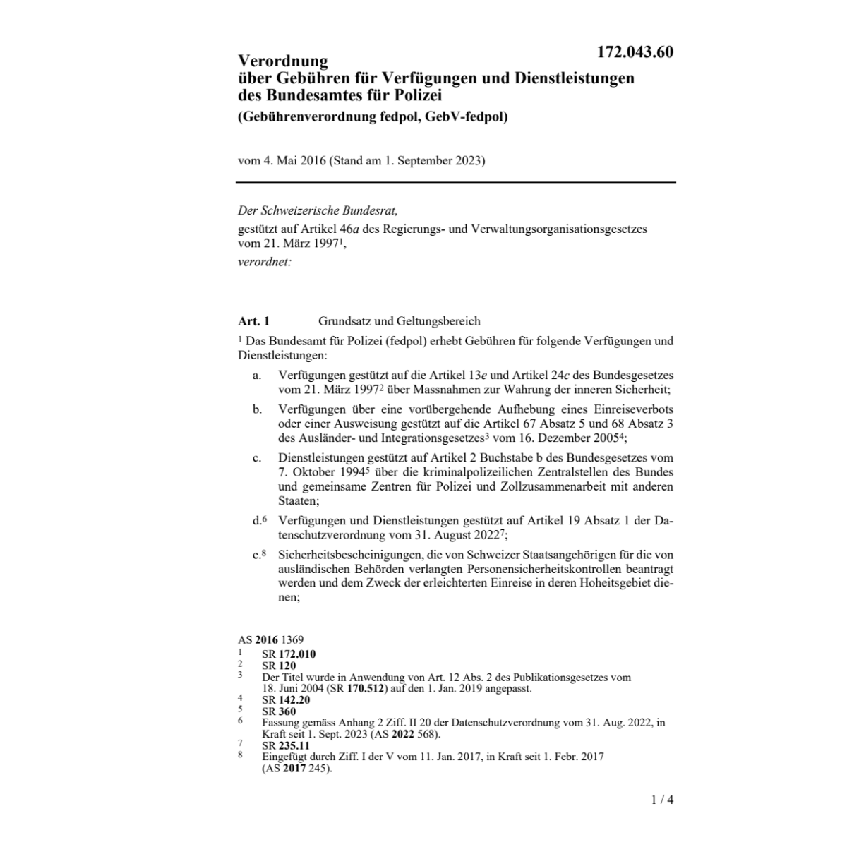 GebührenV fedpol,GebV-fedpol, vom 4.5.16