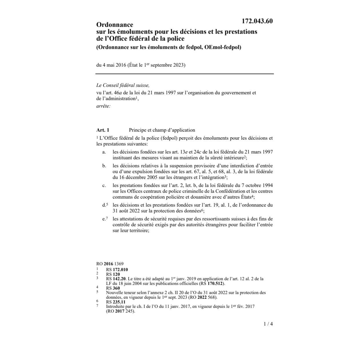 O émoluments fedpol,OEmol-fedpol 4.5.16