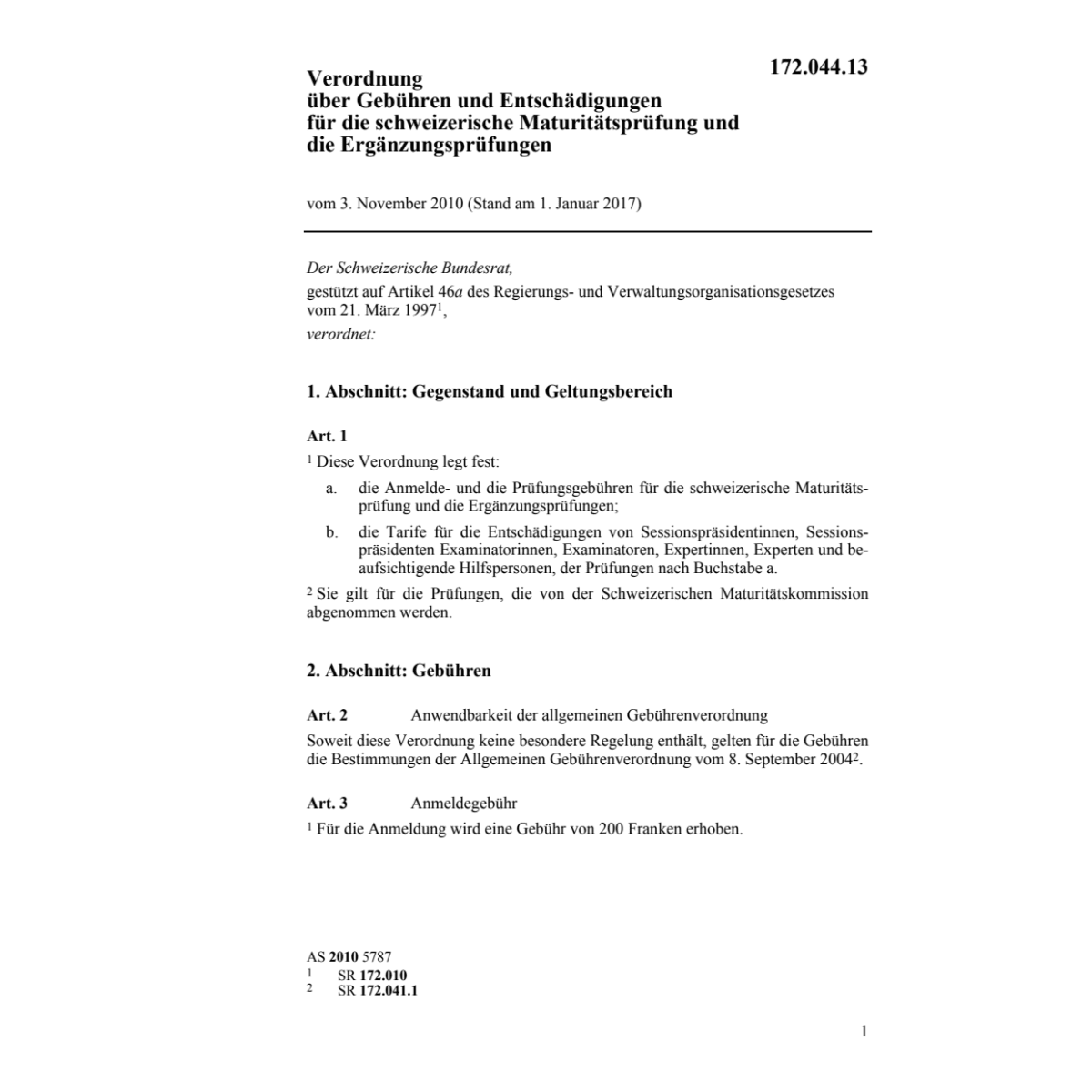 V Gebühren Maturitätsprüfungen