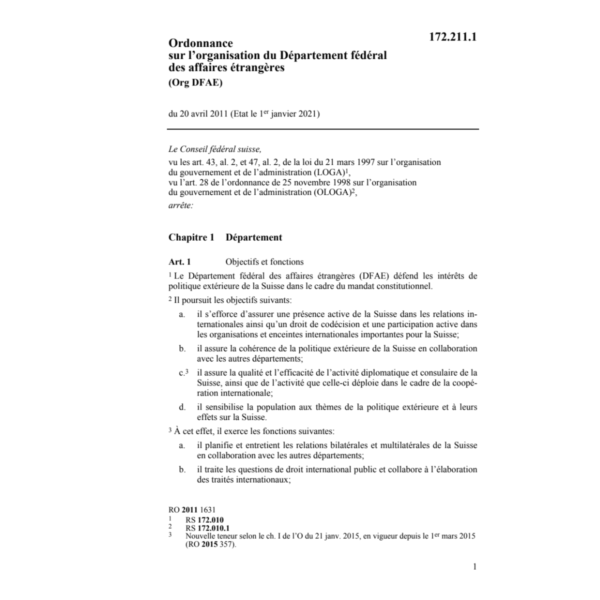 O sur l'organisation DFAE, Org. DFAE