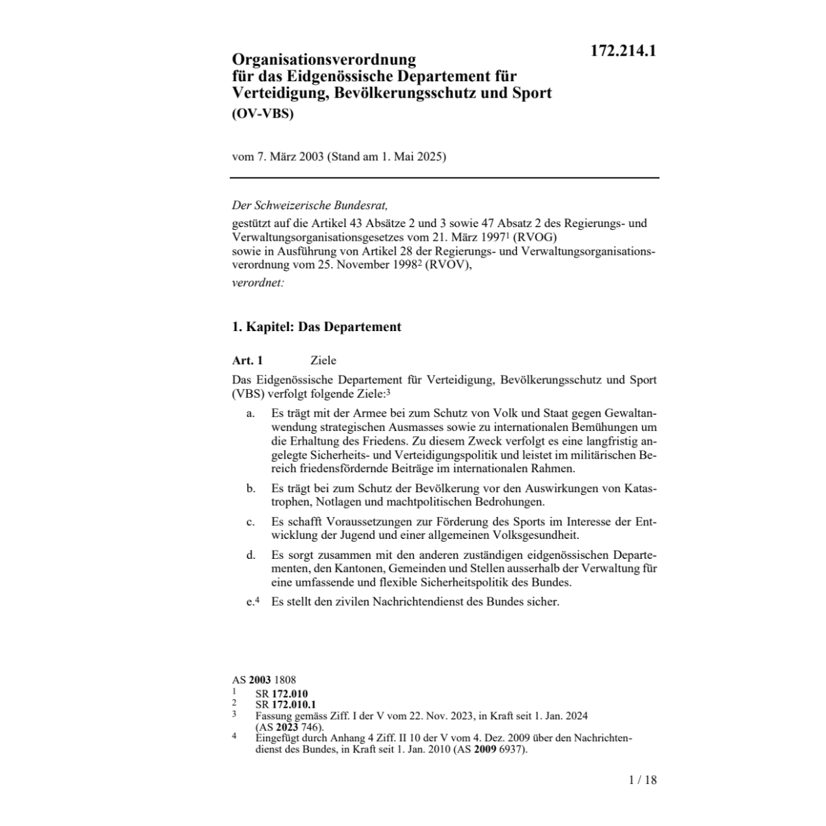Organisationsverordnung VBS; OV-VBS