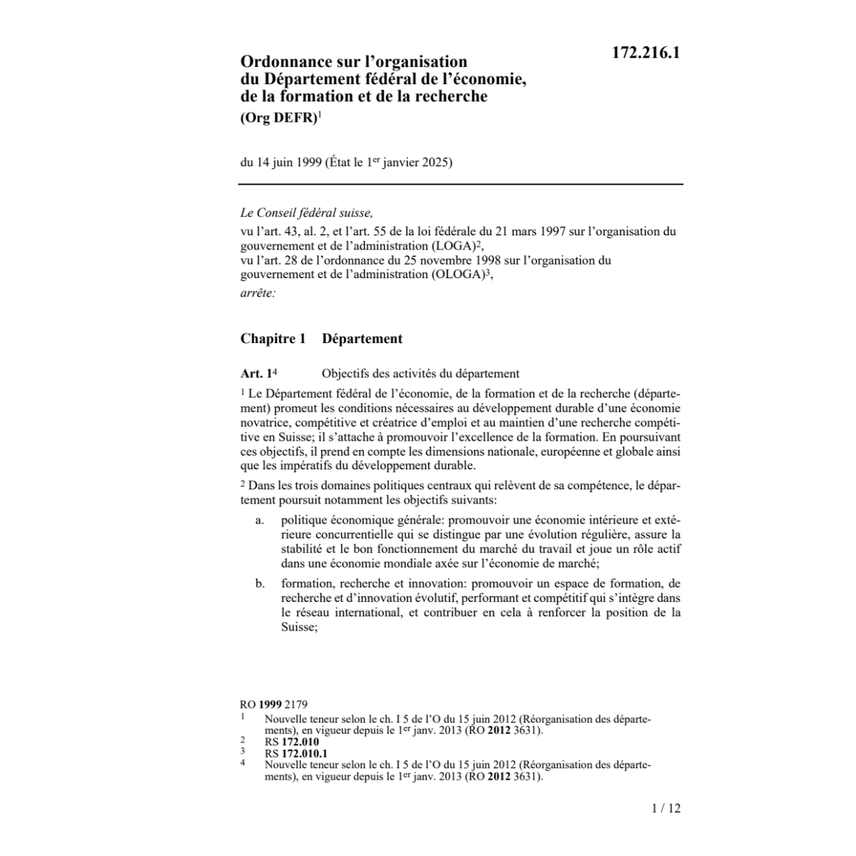Ord sur l'organisation du DFE (Org DFE)