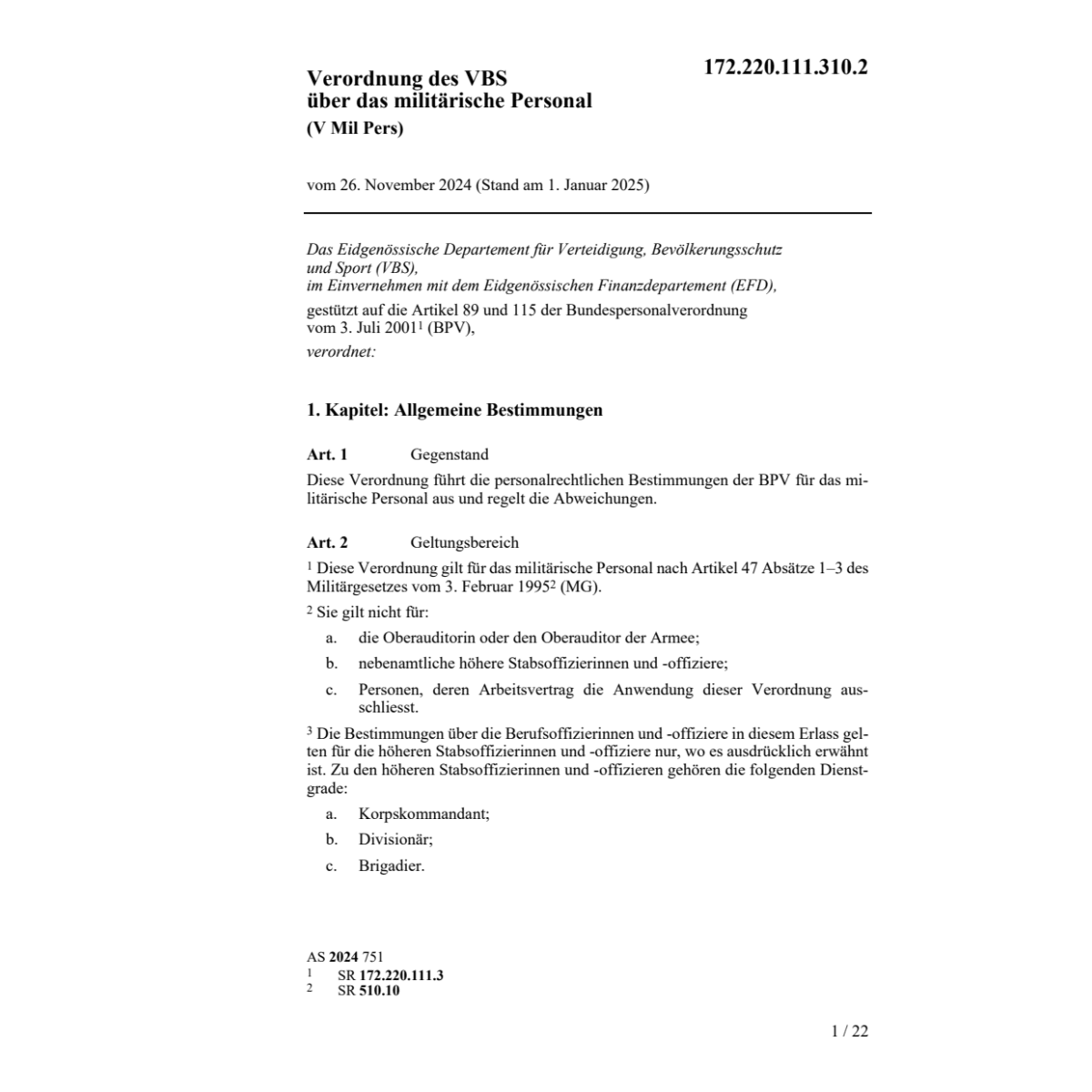 V VBS militärische Personal V Mil Pers