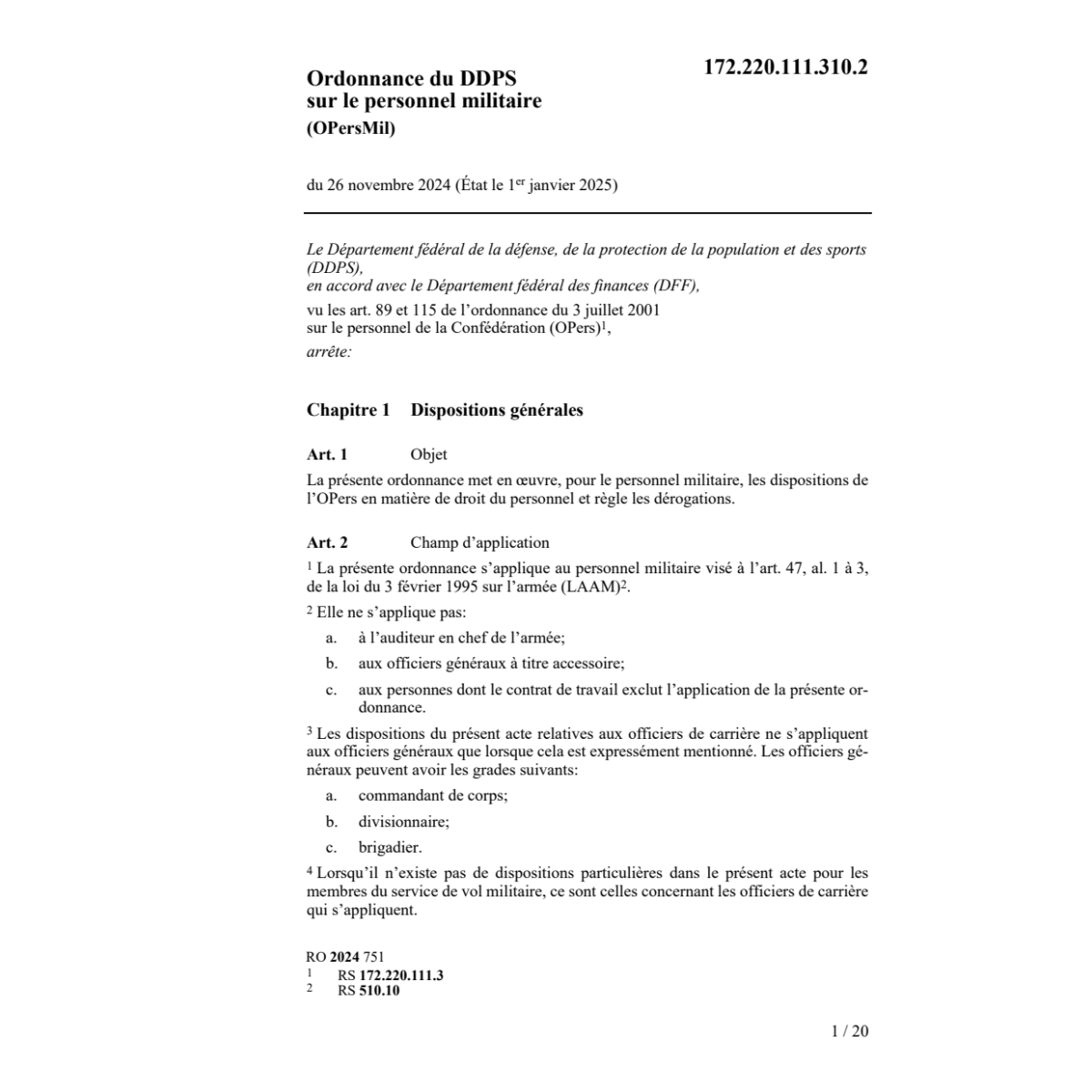 O DDPS personnel militaire OPers Mil
