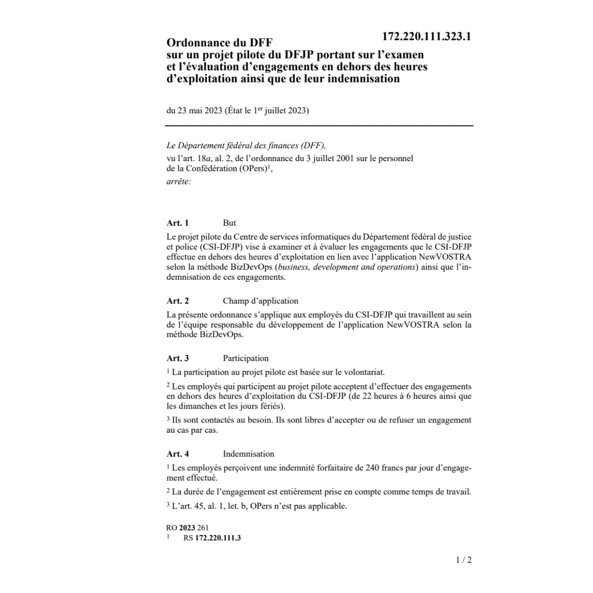 O projet pilote DFJP dehors heures explo