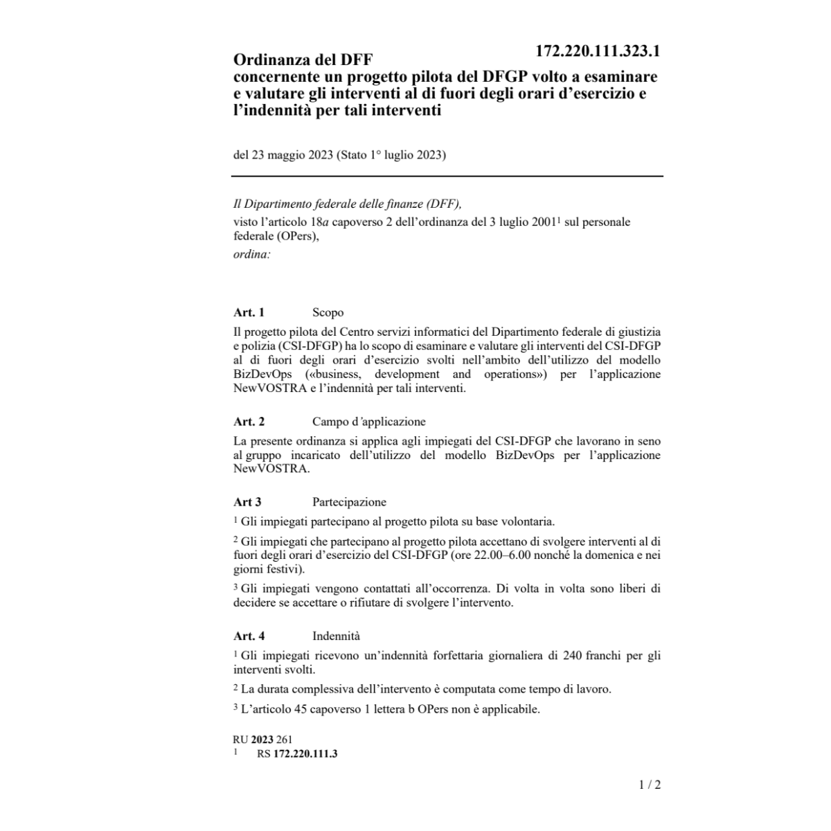 O progetto DFGP orari esercizio indennit