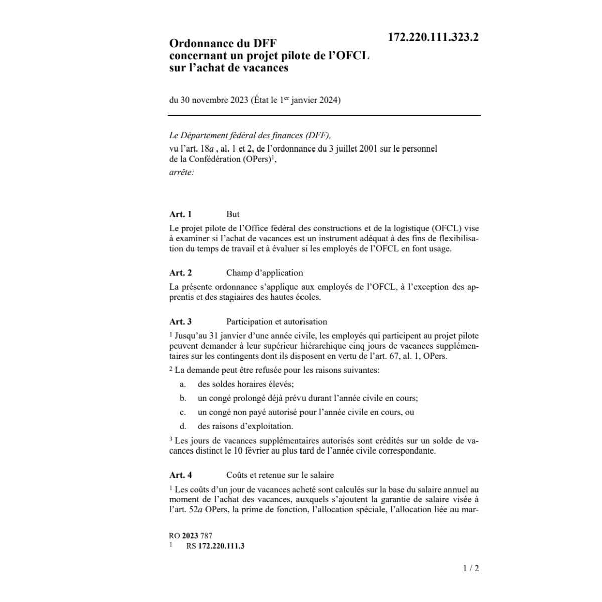 O DFF projet pilote l’achat de vacances