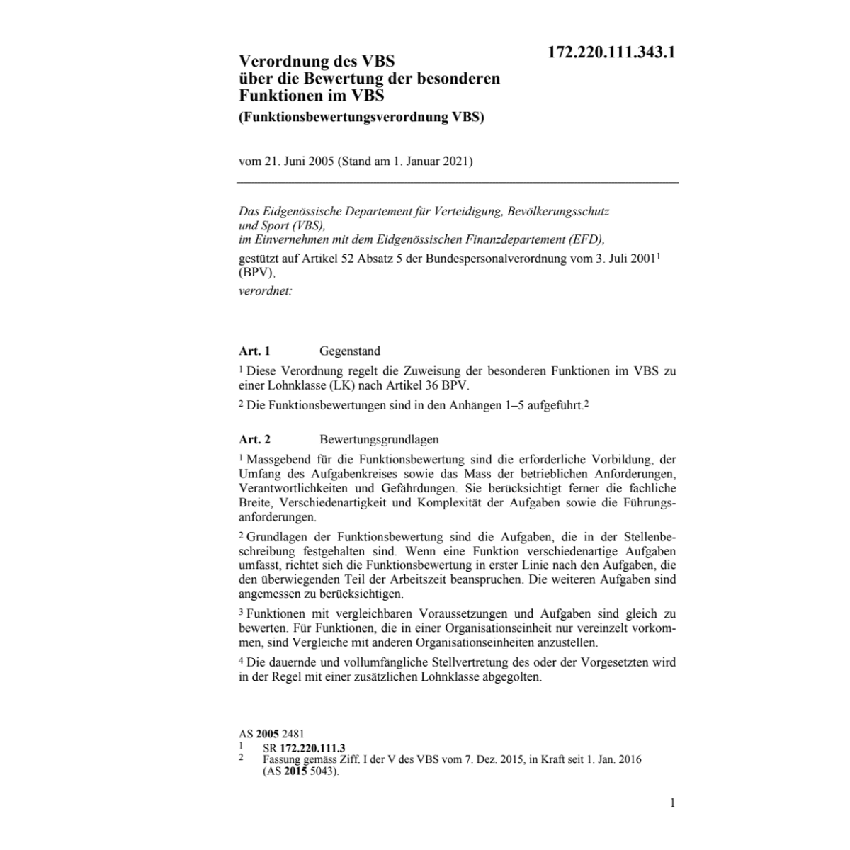 Funktionsbewertungsverordnung VBS