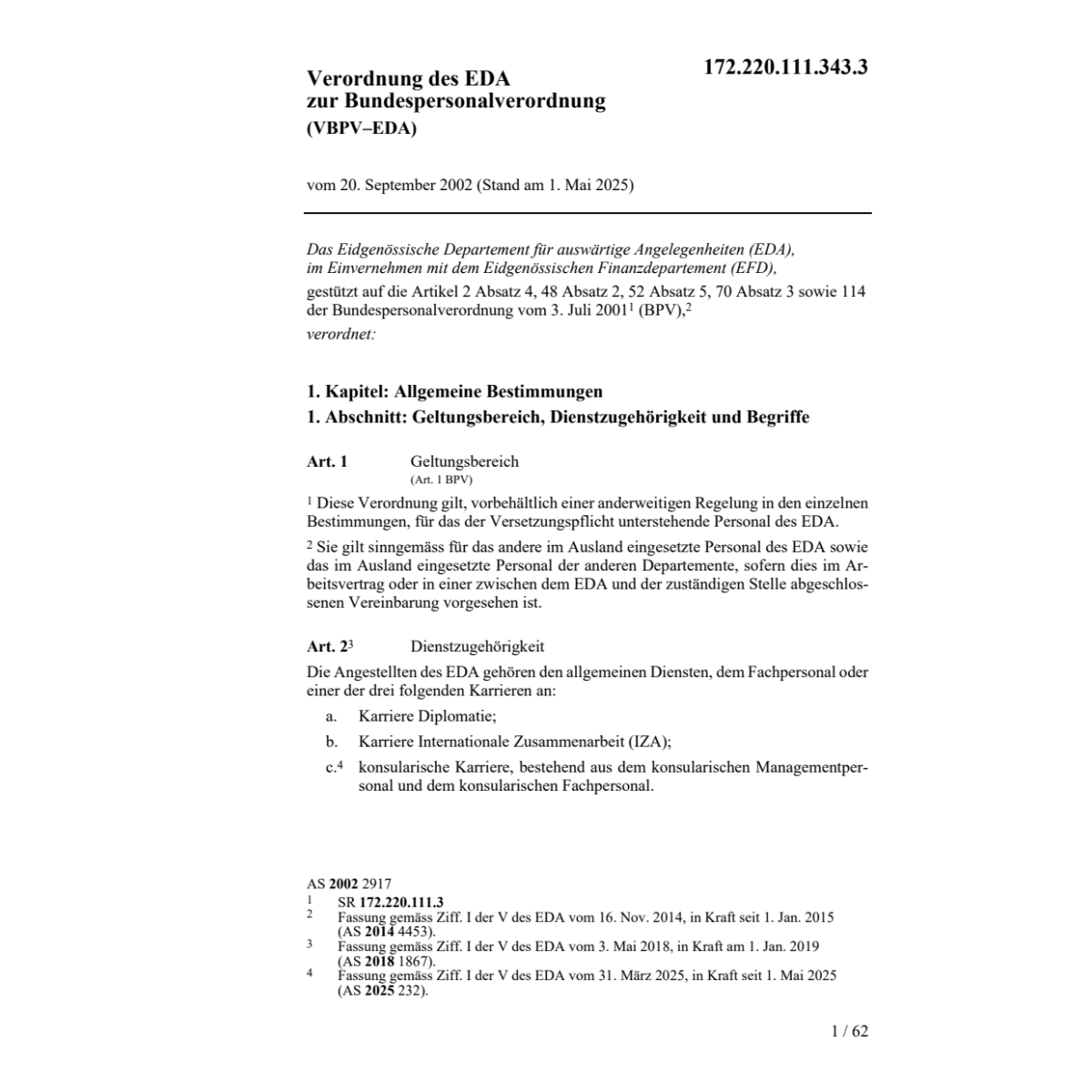 V EDA Bundespersonalverordnung VBPV-EDA