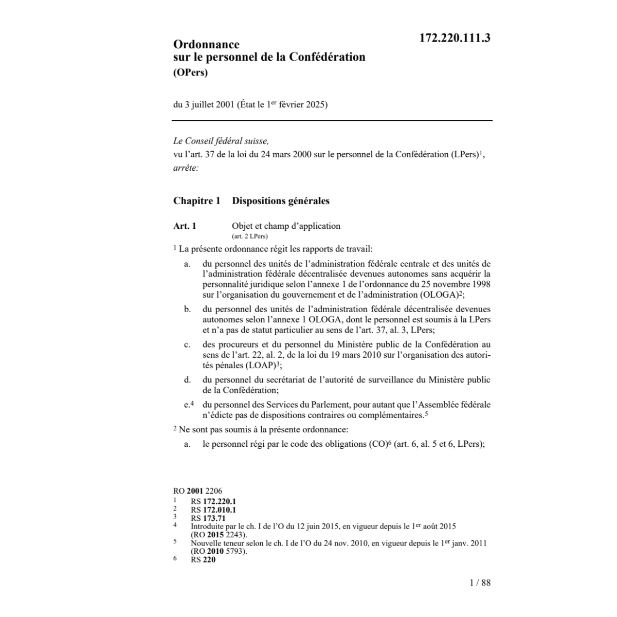 O personnel de la Confédération OPers