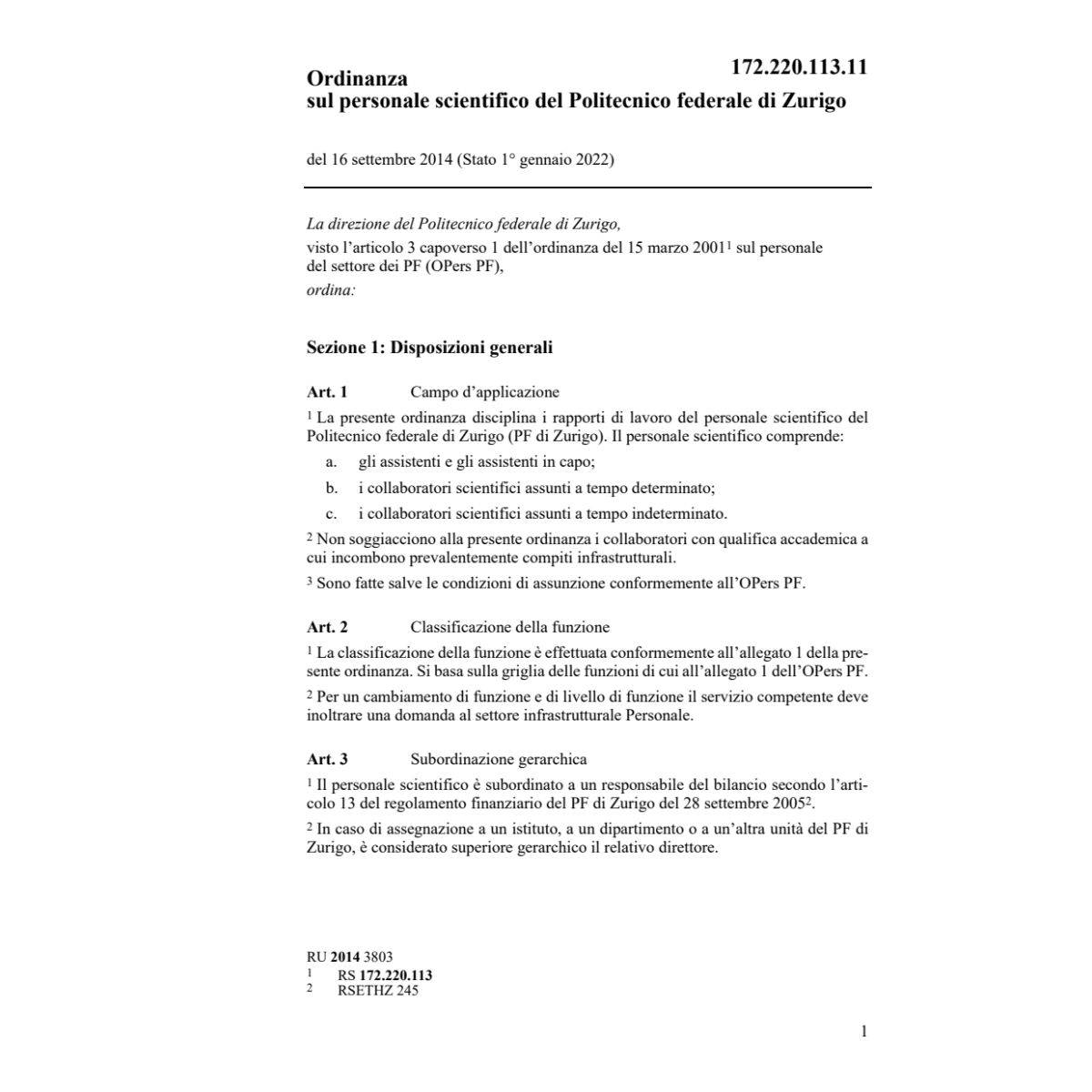 O personale scientifico PF Zurigo