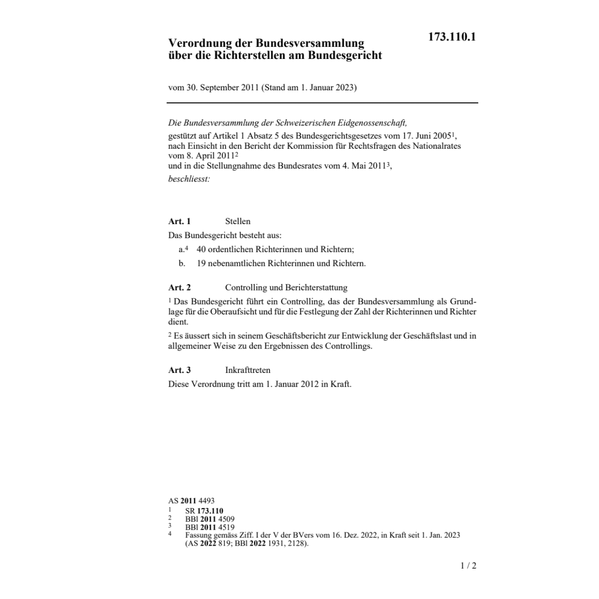 BB Erhöhung Zahl Richter Bundesgericht