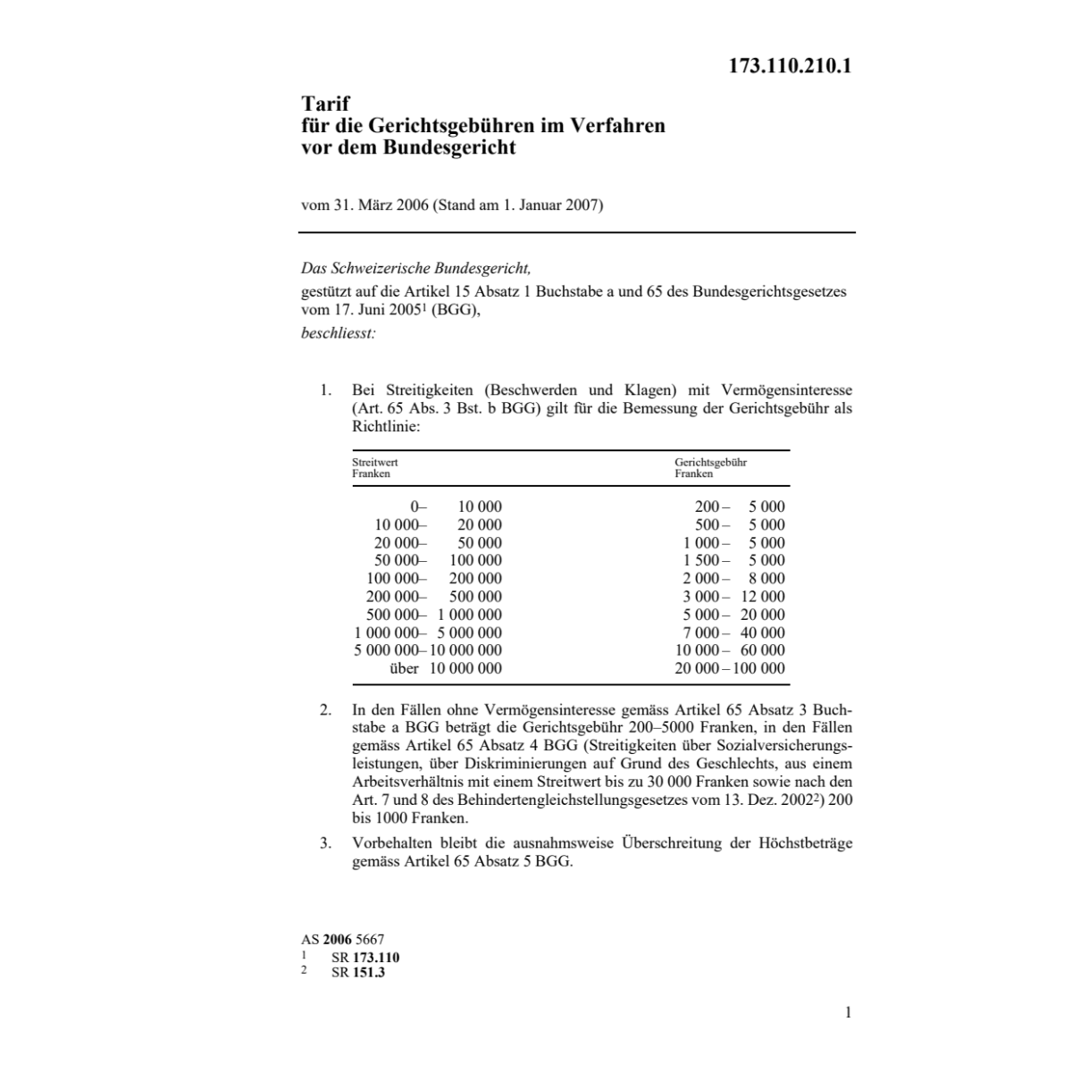 Tarif Gerichtsgebühren Bundesgericht