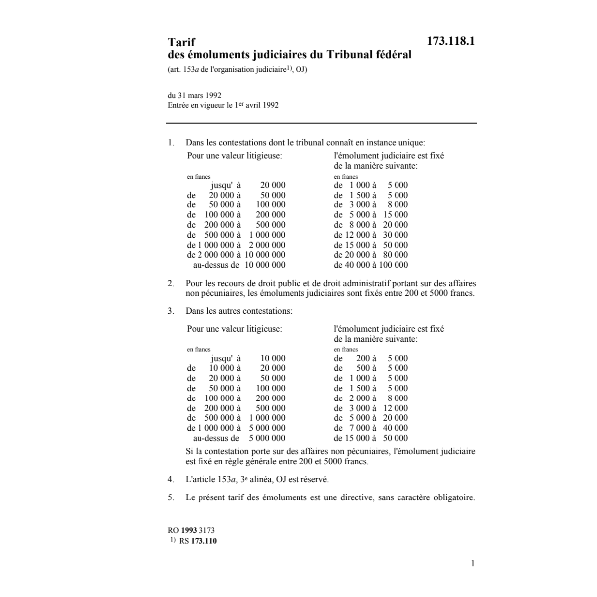 Tarif des émoluments du Tribunal fédéral