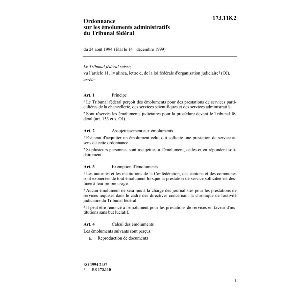 O Emoluments administr.Tribunal fédérale