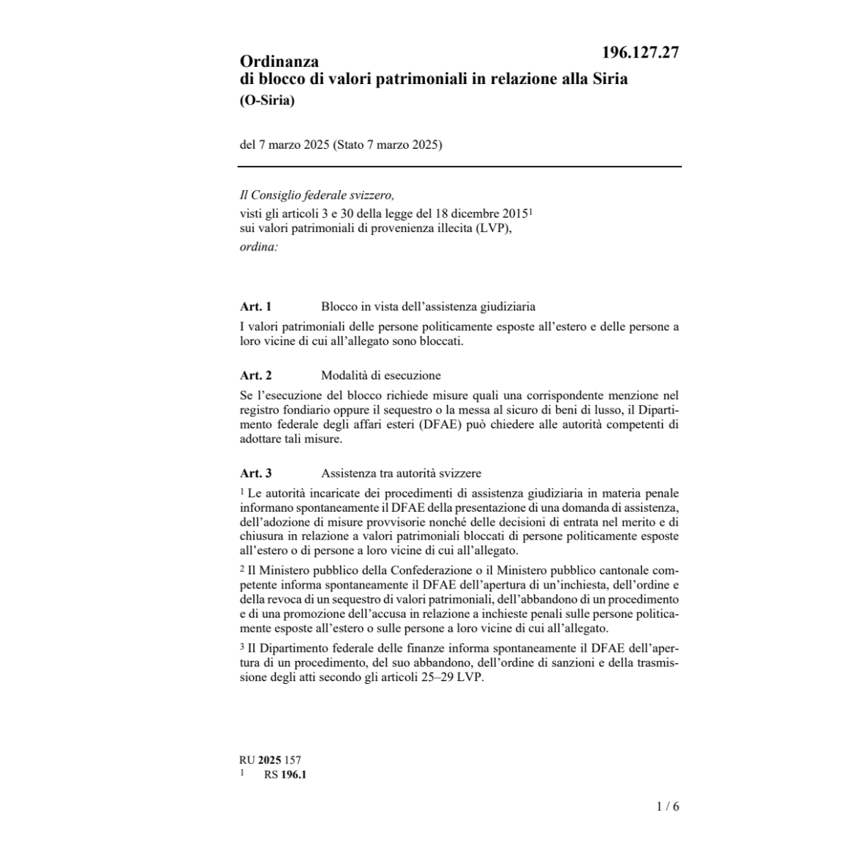 O blocco di valori patrimoniali Siria