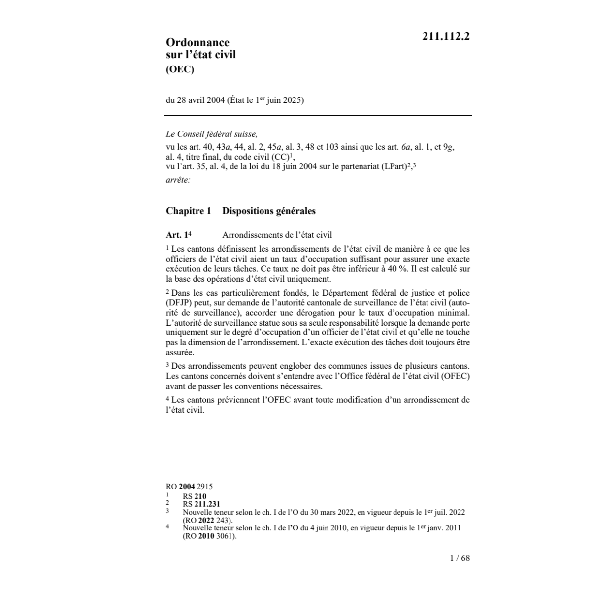 O sur l'état civil (OEC) 28.4.04