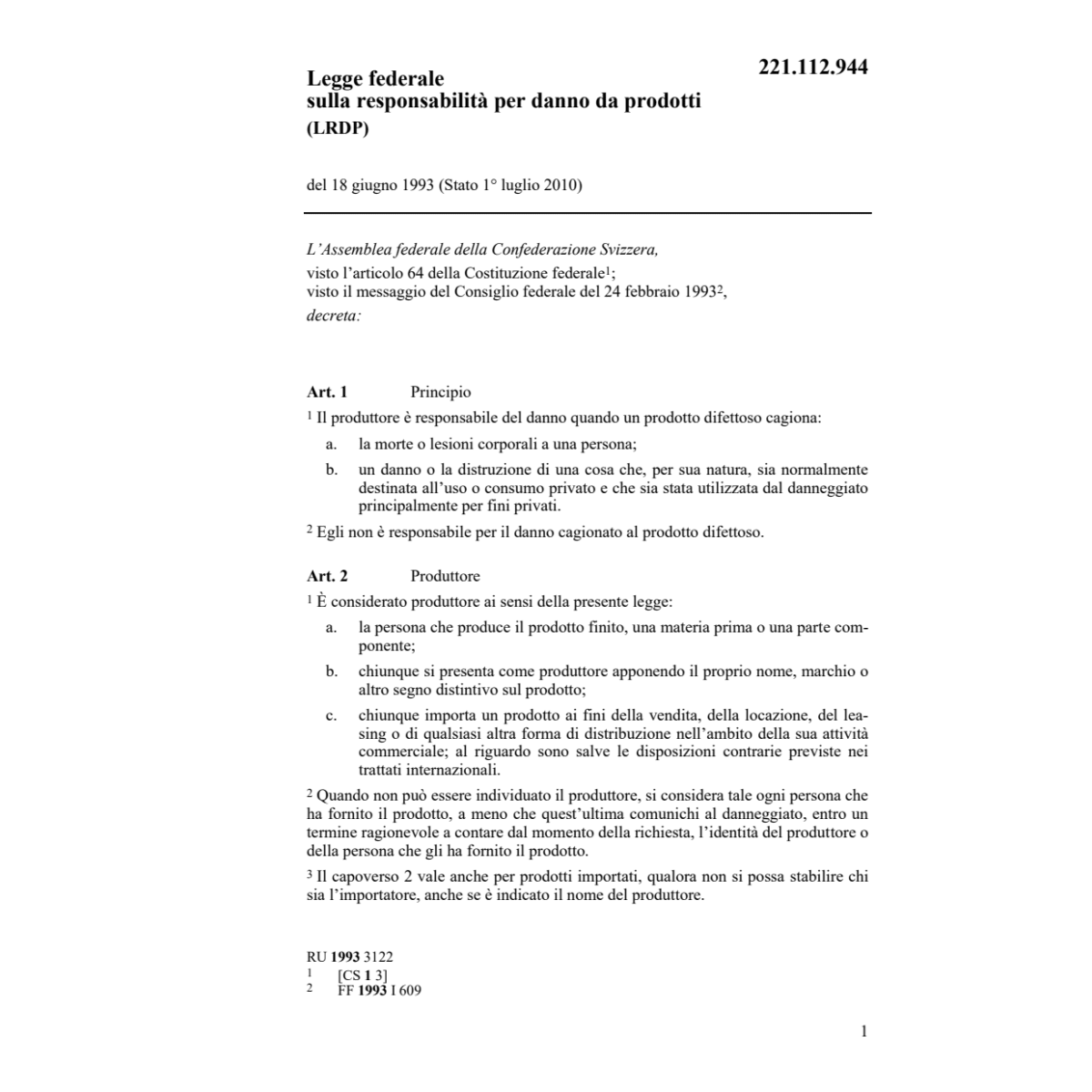 LF responsabilità danno prodotti, LRDP