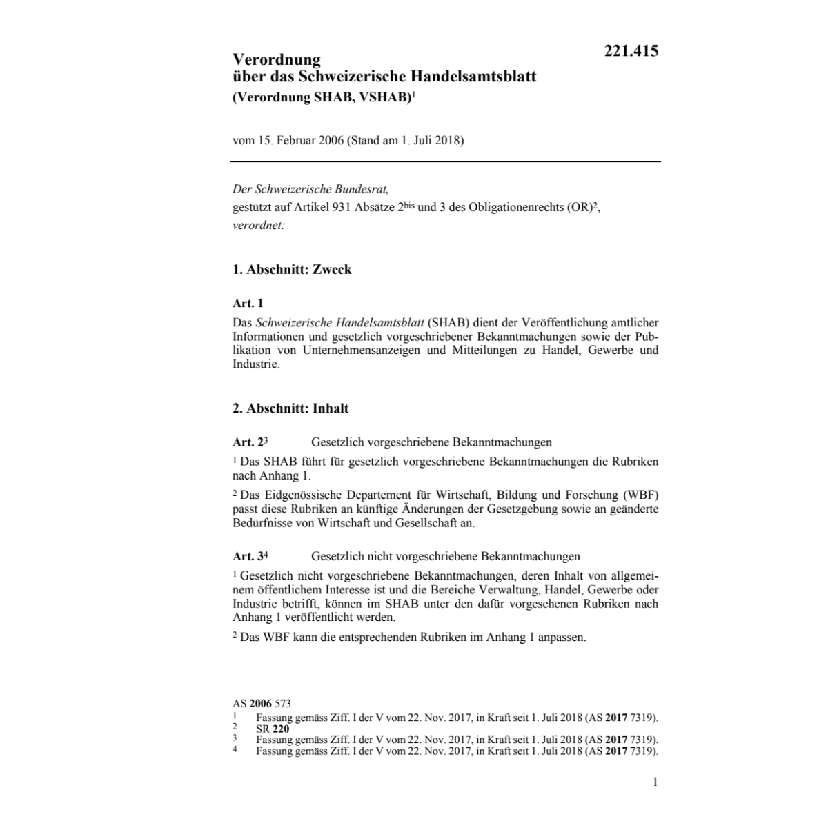 V über das schweizer. Handelsamtsblatt