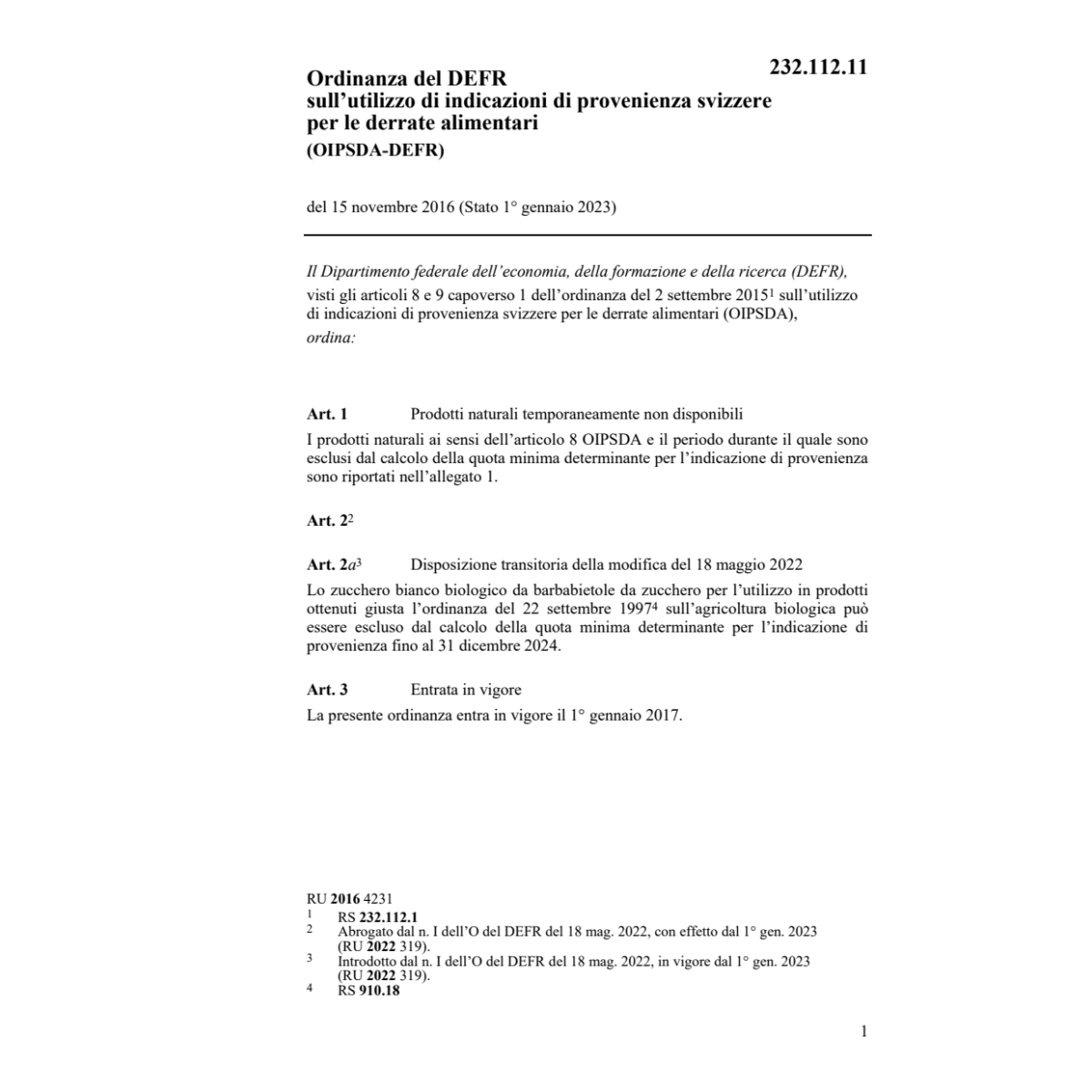 O indic. prov. svizz. alim.(OIPSDA-DEFR)