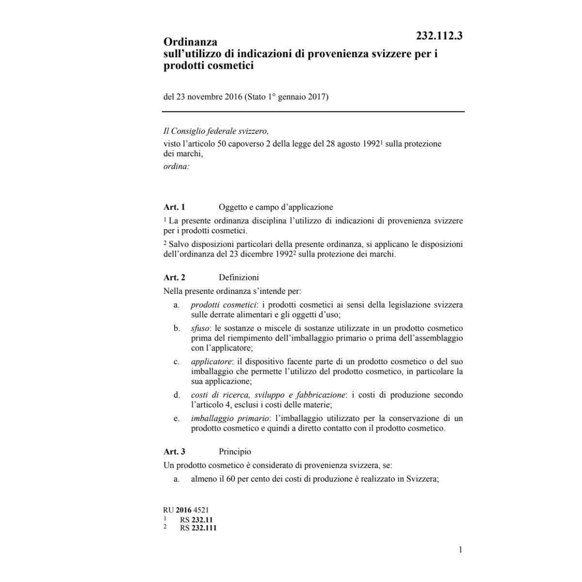 O indic. prov. sviz. prod. cosmetici