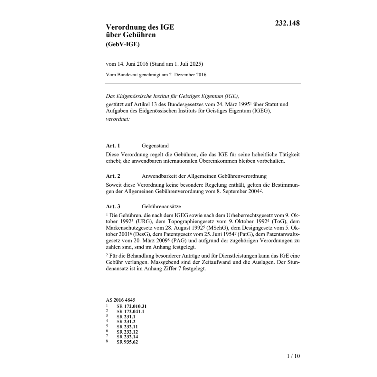 Gebühren Geistiges Eigentum, IGE-GebV