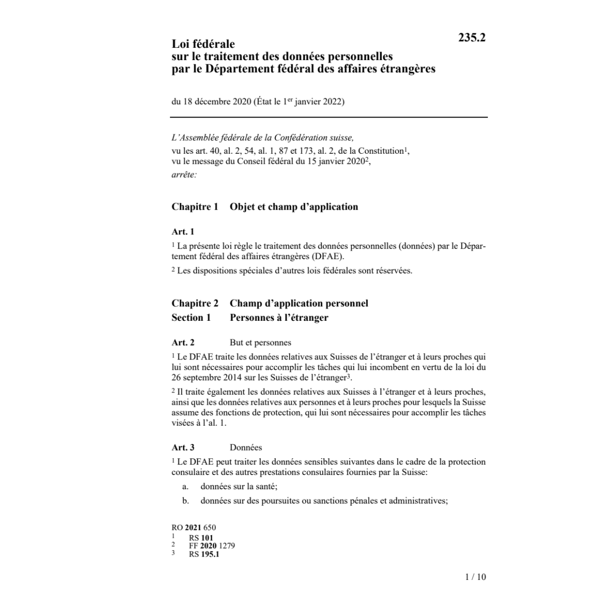 LF traitement données personnelles DFAE