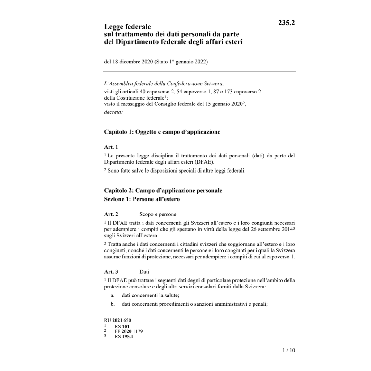 LF trattamento di dati personali in DFAE