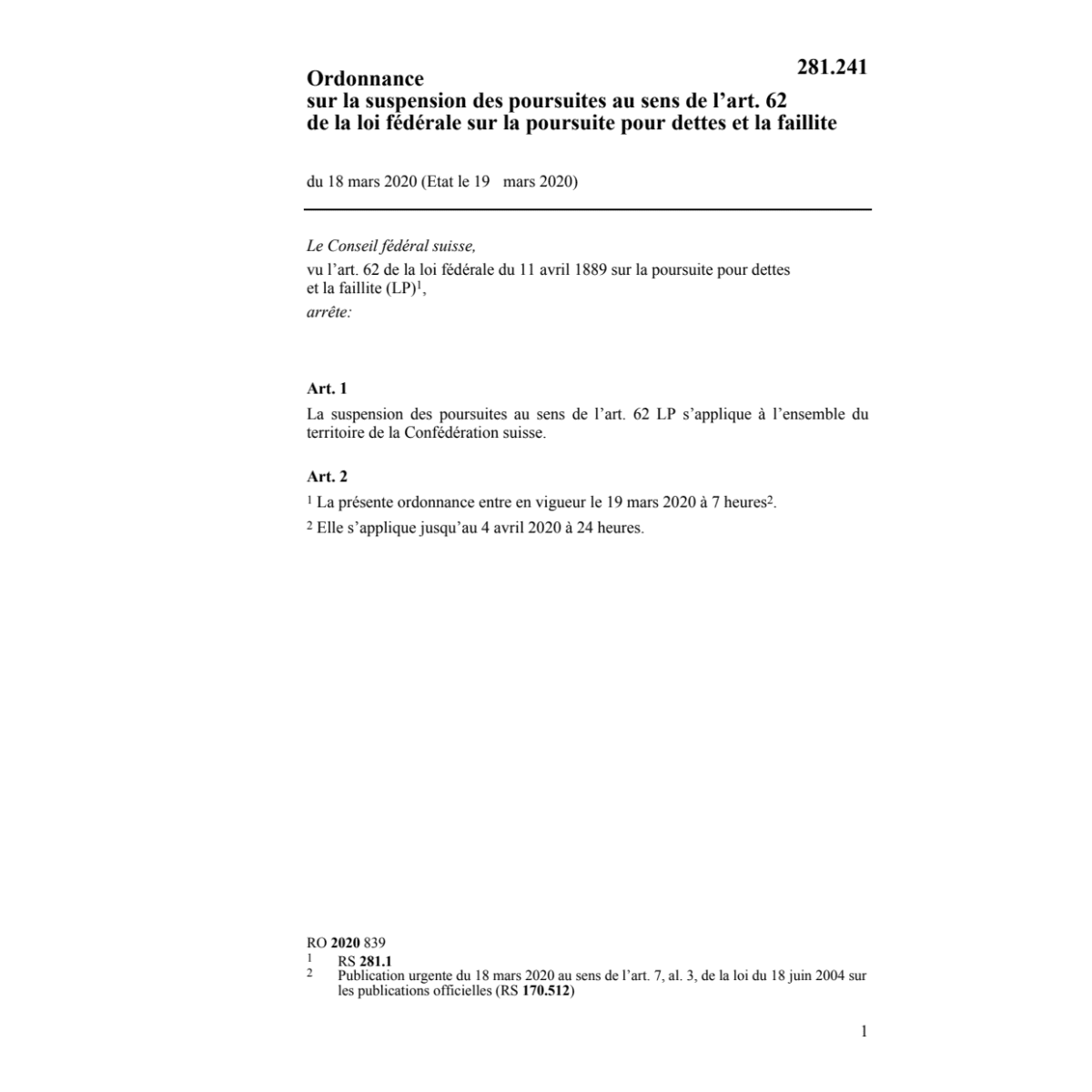 O suspension poursuites art 62 loi fédér