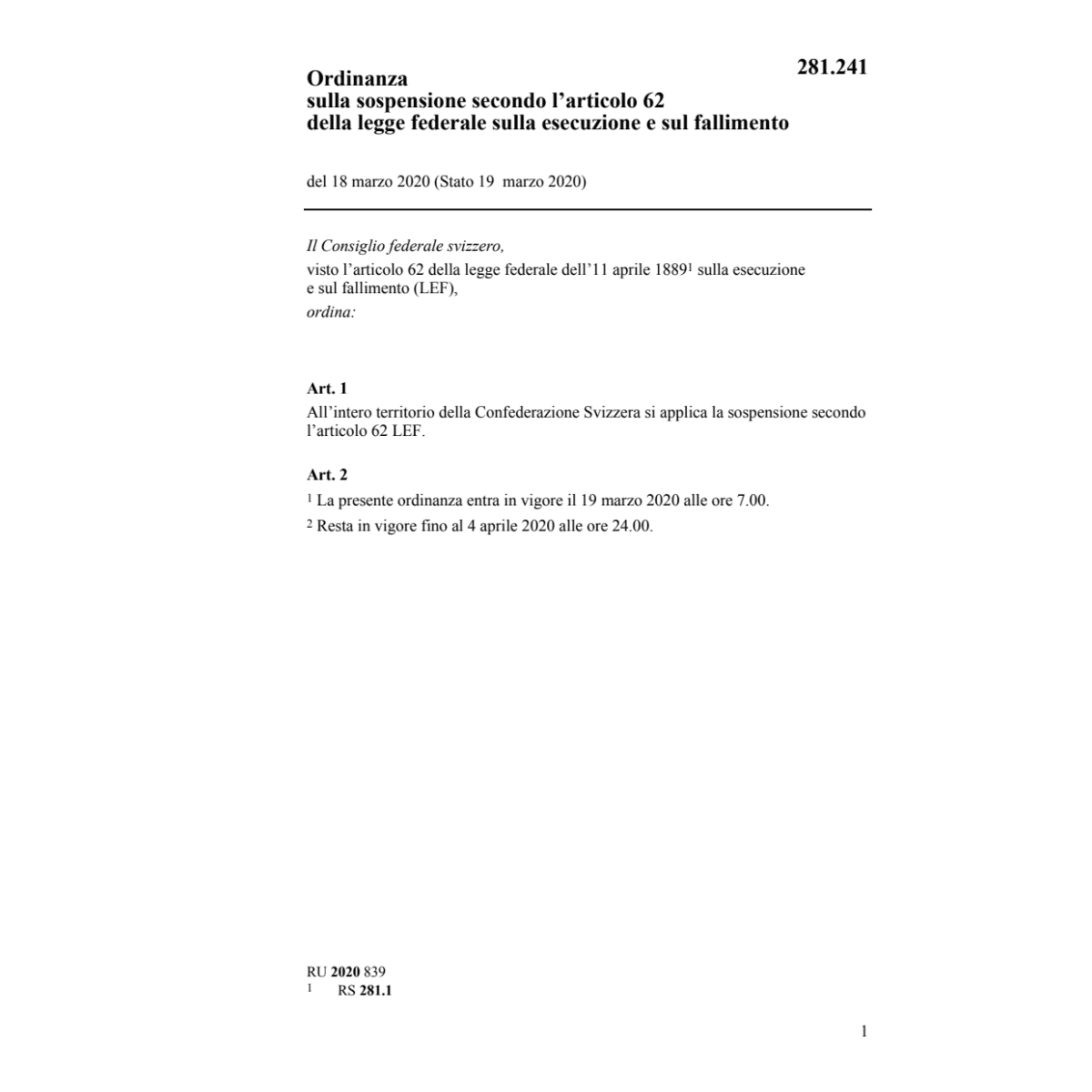 O sospensione secondo art 62 legge feder