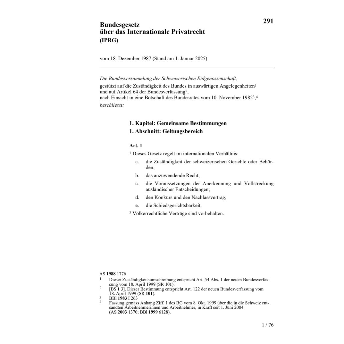 BG Internationale Privatrecht, IPRG