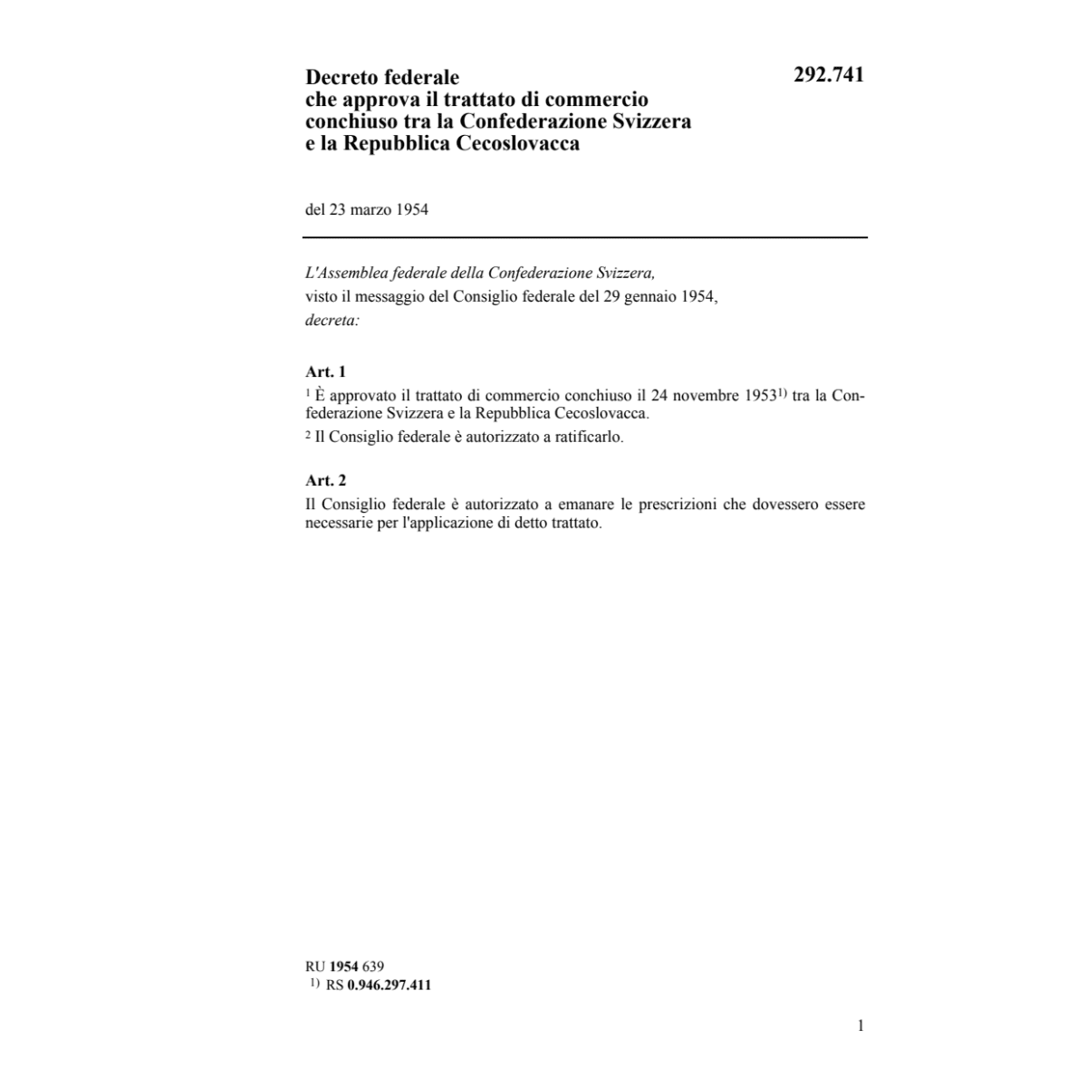 DF trattato di commercio Cecoslovacca