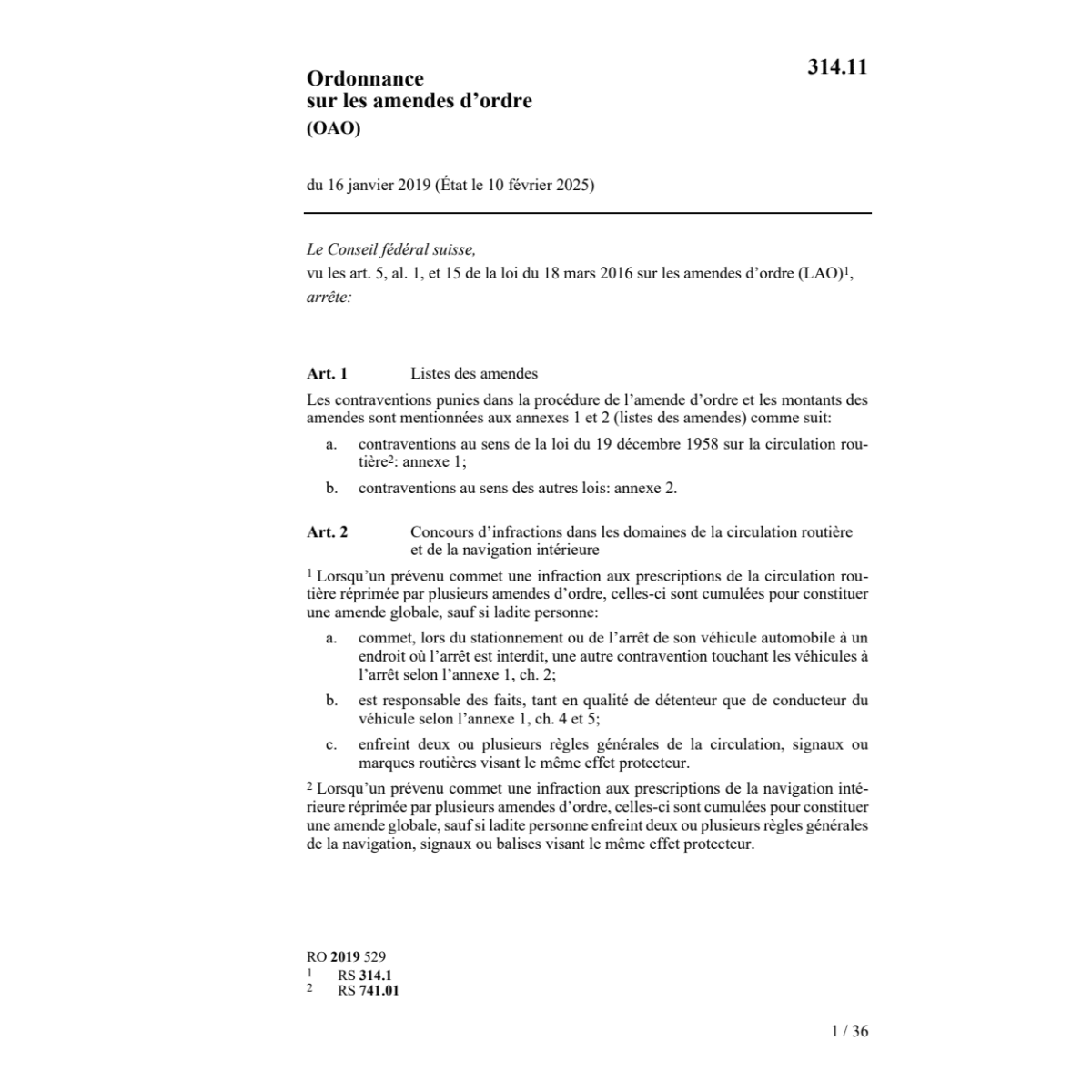 O 16.1.19 sur les amendes d'ordre, OAO