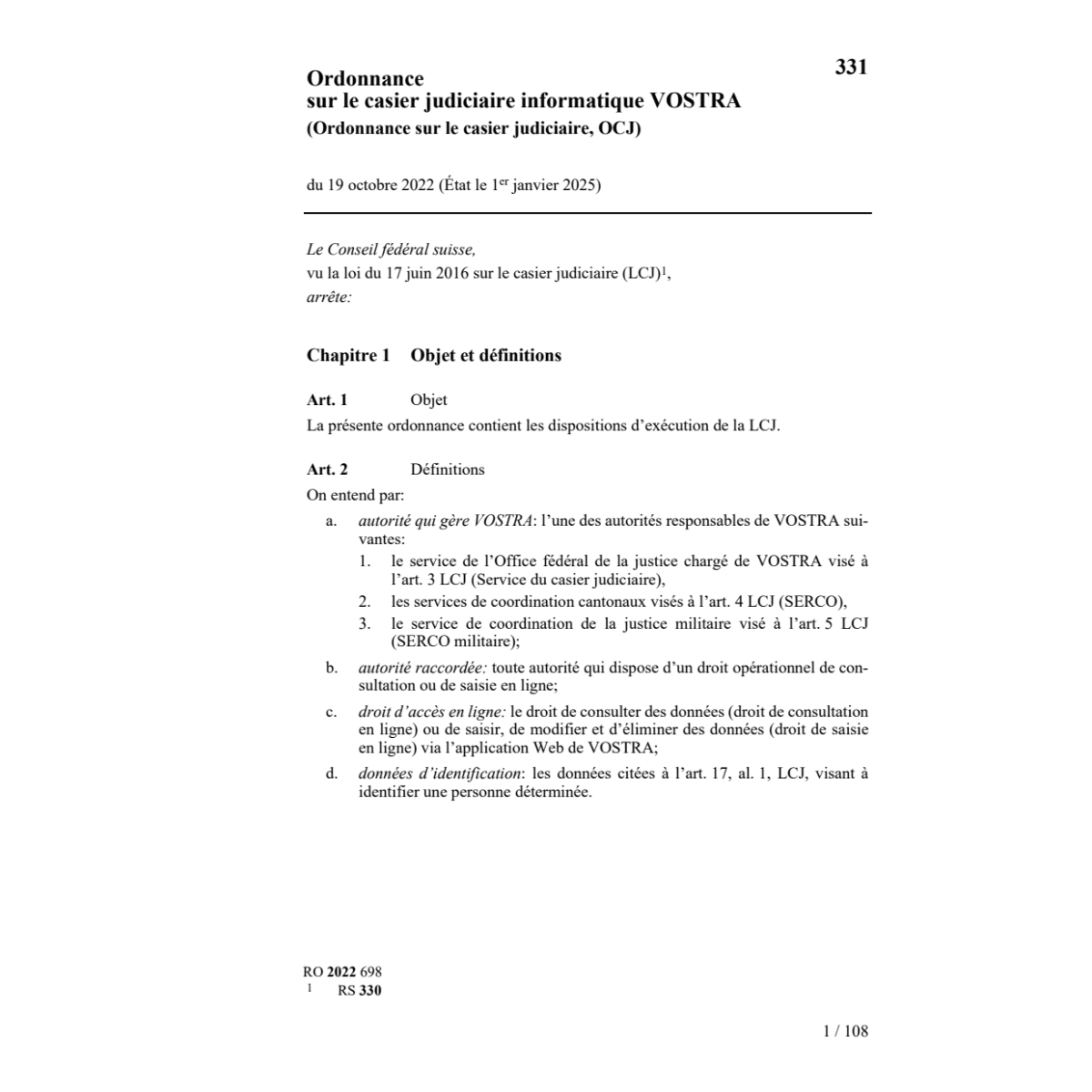 Ordonnance VOSTRA