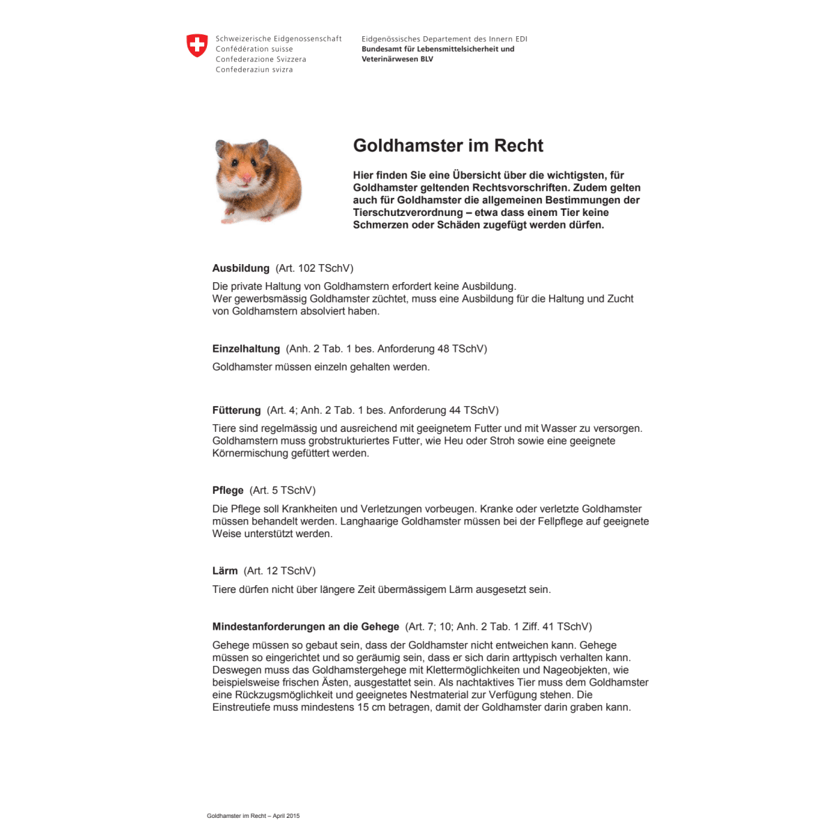 Merkblatt Goldhamster im Recht