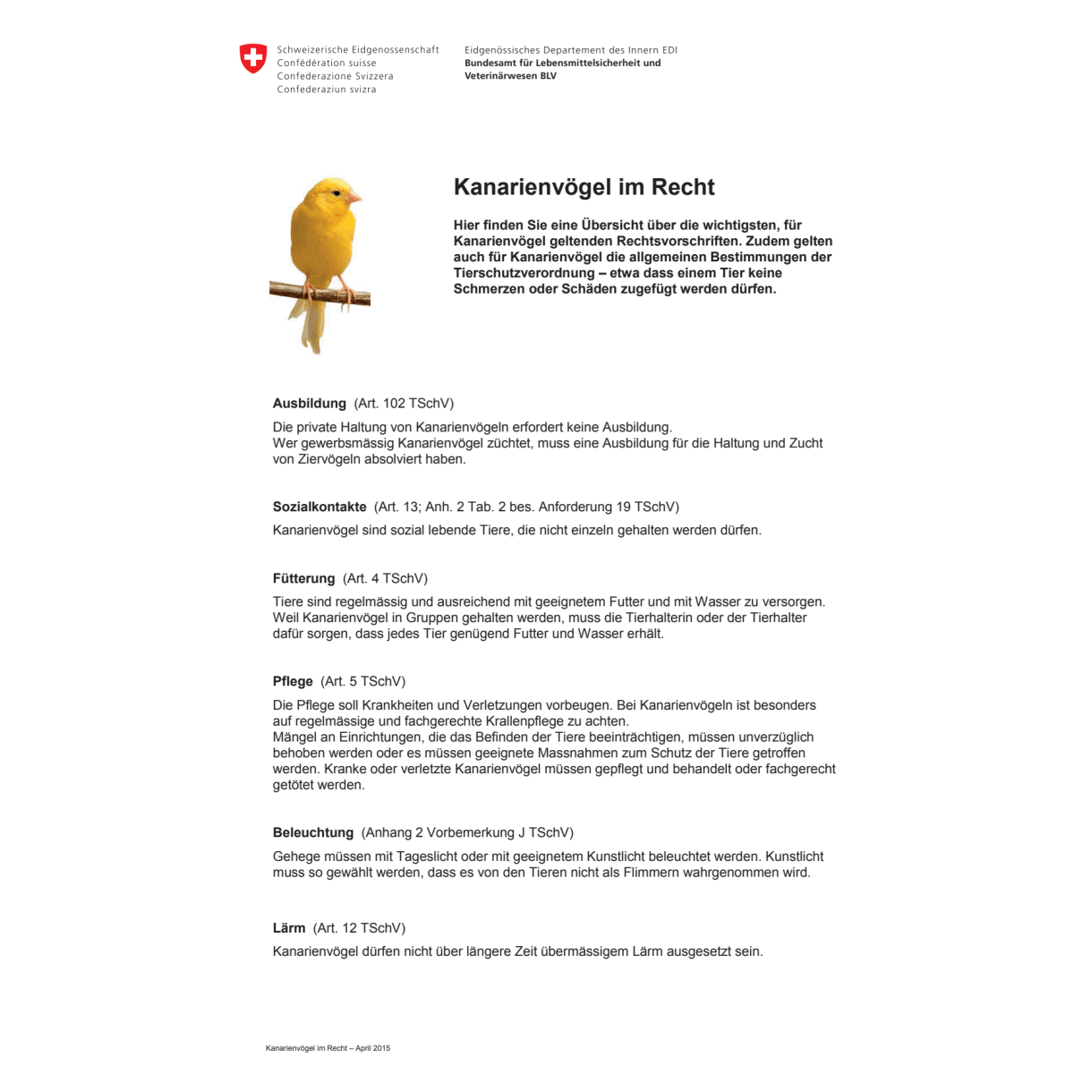 Merkblatt Kanarienvögel im Recht