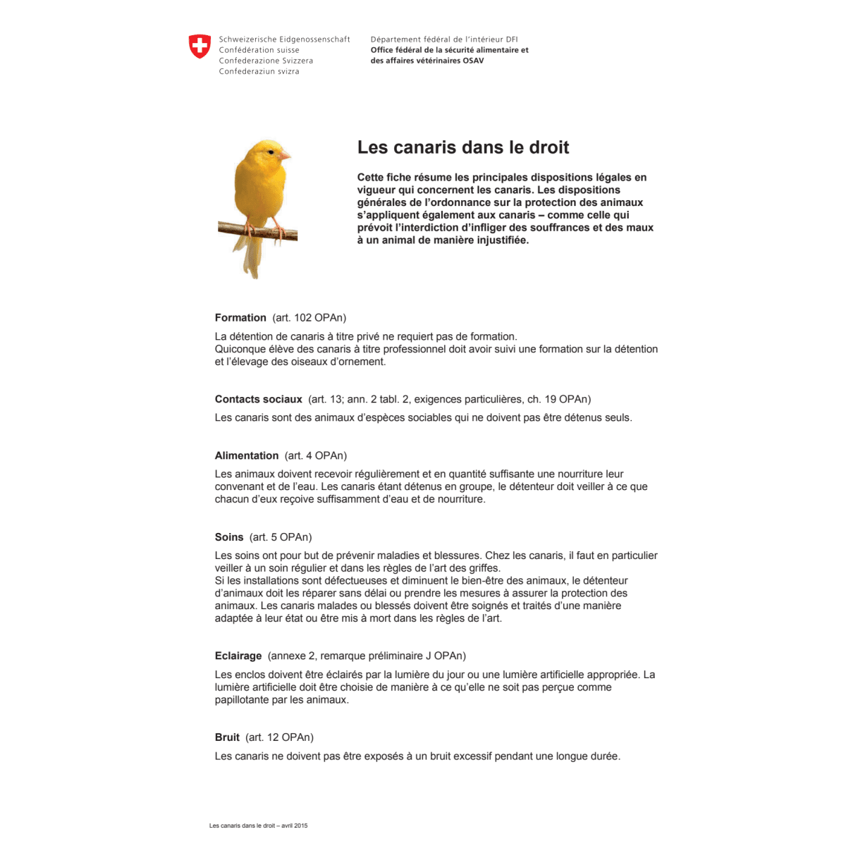 Aide-mémoire Les canaris dans le droit