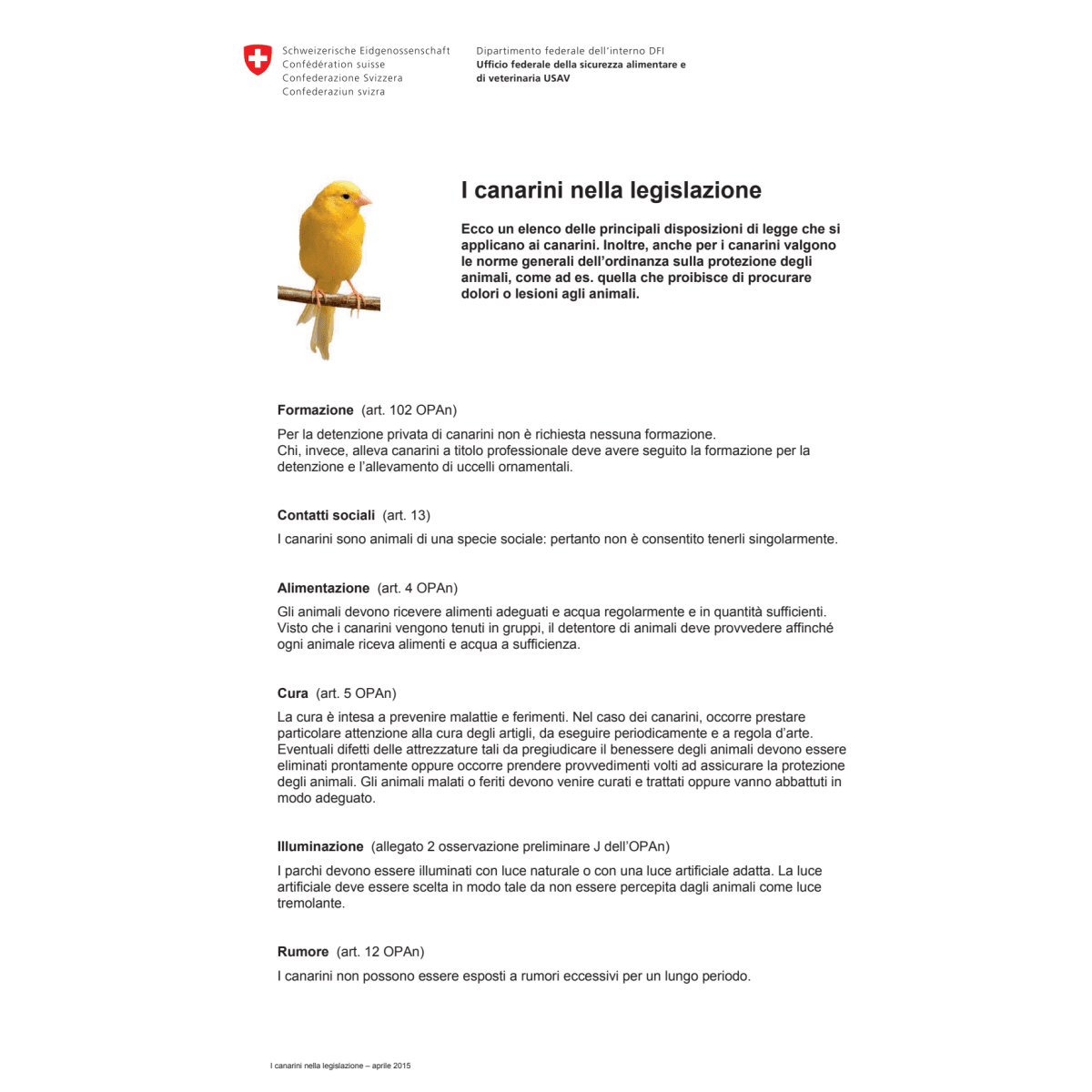 Promemoria I canarini nella legislazione