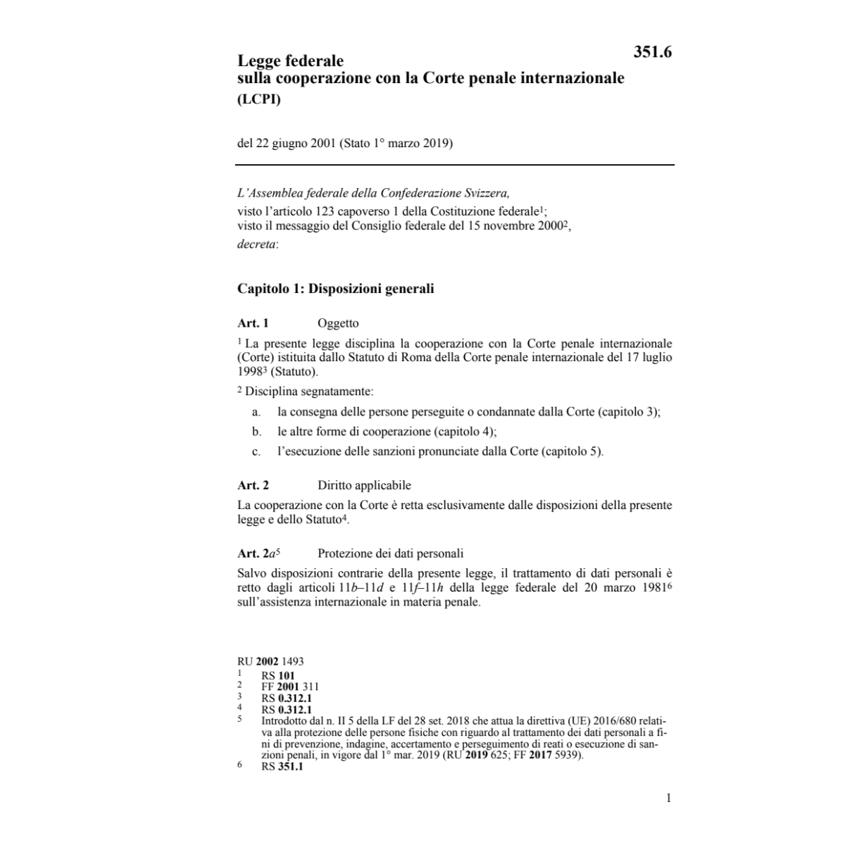 LF cooperazione con Corte penale LCPI
